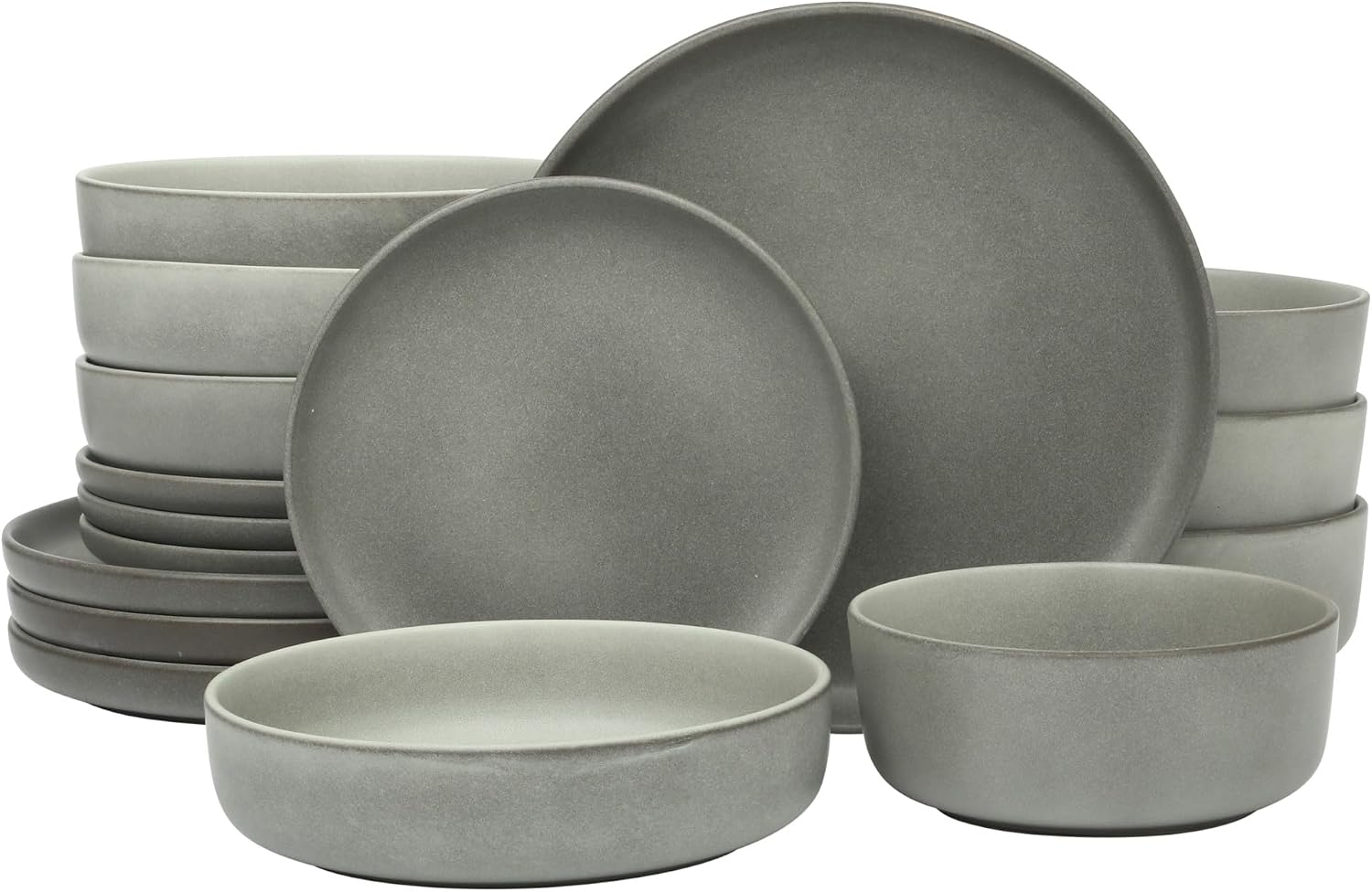 Gibson Elite Pasco 16 Piece (Service for 4) Plates and Bowls Double Bowl Reactive Glaze Dishes Stoneware Ceramic Dinnerware Set – Grey