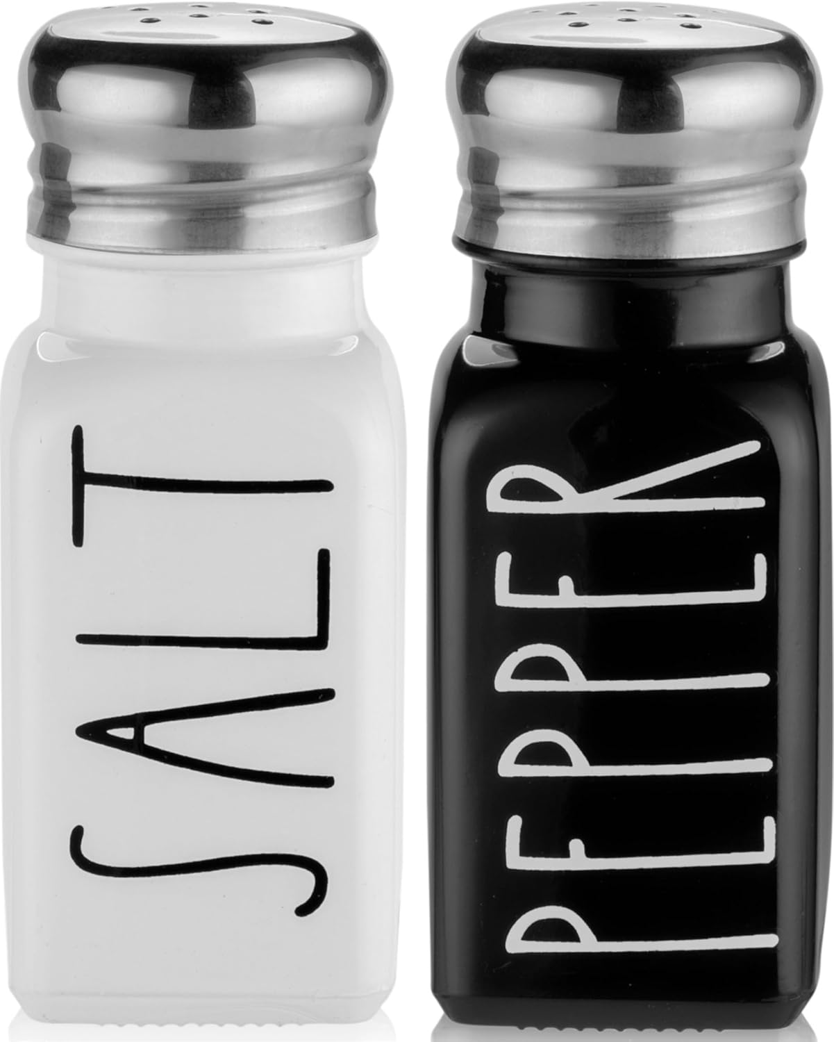 Salt and Pepper Shakers Set by Brighter Barns – Cute Modern Farmhouse Kitchen Decor for Home Restaurants Wedding – Gorgeous Vintage Glass Black White Shaker Sets with Stainless Steel Lids