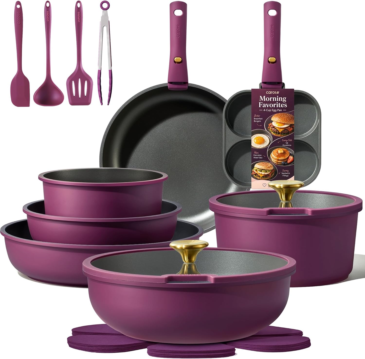 CAROTE 21pcs Pots and Pans Set, Nonstick Cookware Set Detachable Handle, Induction Kitchen Cookware Sets Non Stick with Removable Handle, RV Cookware Set, Gold and Purple