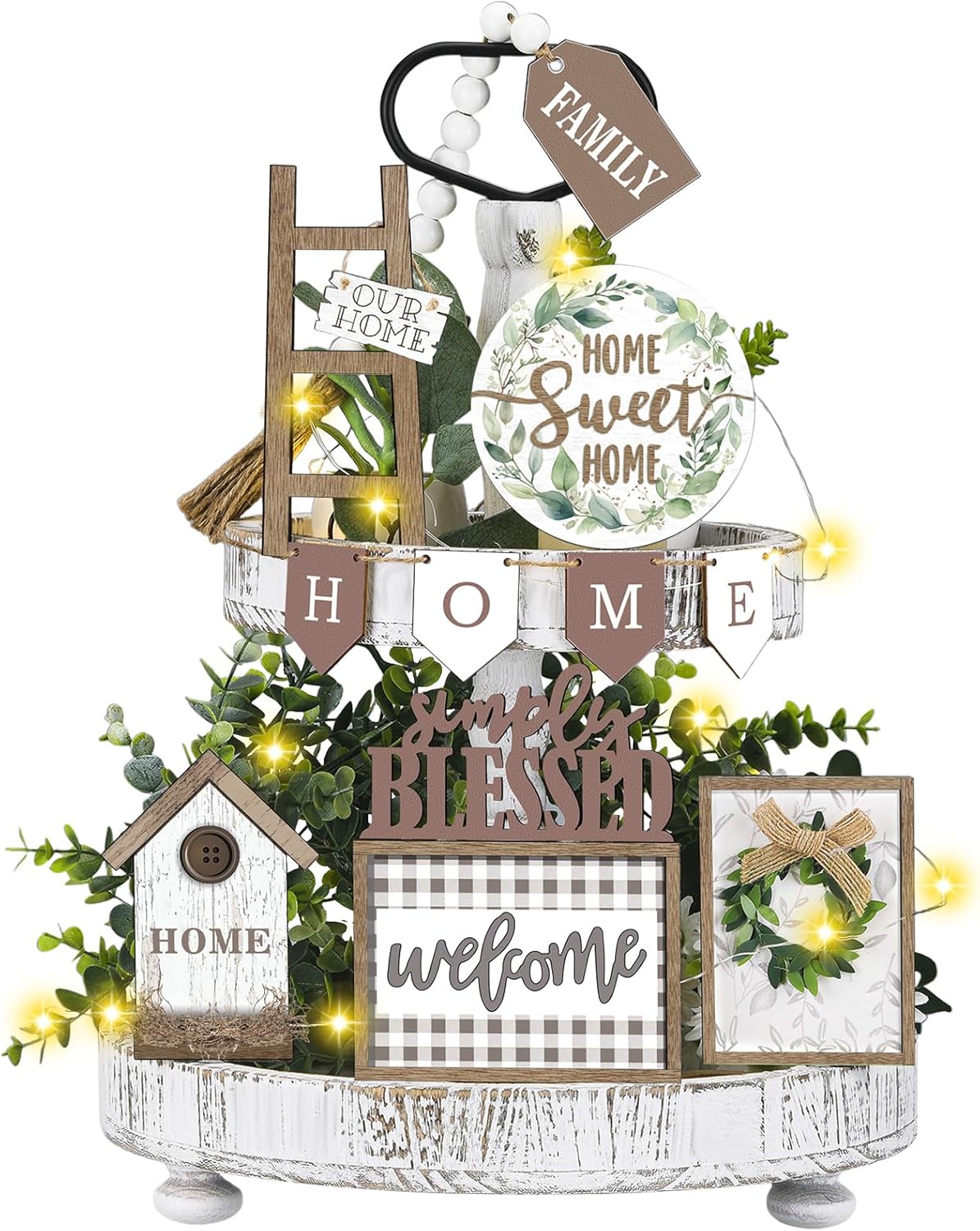 FairySandy Set of 11 Farmhouse Tiered Tray Decor Rustic Home Tiered Tray Decorations Set Wooden Signs Home This is Us Farmhouse Tabletop Wood Signs for Kitchen Table Shelf Decor