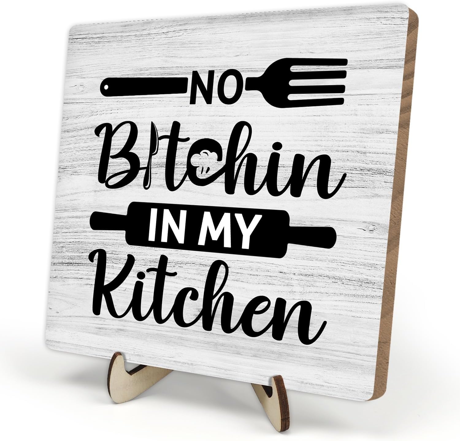 Black and White Kitchen Decor Sign,Kitchen Decor Wooden Plaque, Rustic Wooden Plaque Kitchen Farmhouse Tabletop Decor Signs, in My Kitchen 5.9 x 5.9Inch (White)