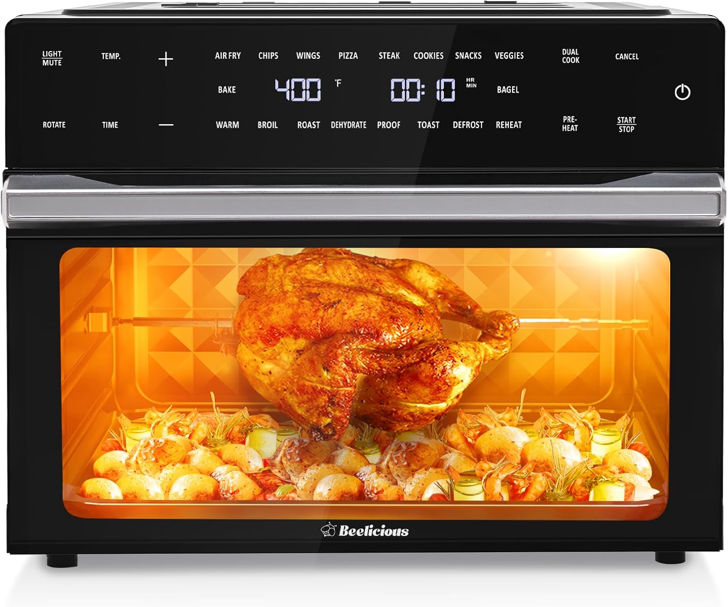 Beelicious 32QT Extra Large Air Fryer, 19-In-1 Air Fryer Toaster Oven Combo with Rotisserie and Dehydrator, Digital Convection Oven Countertop Airfryer Fit 13″ Pizza, 6 Accessories, 1800w, Black