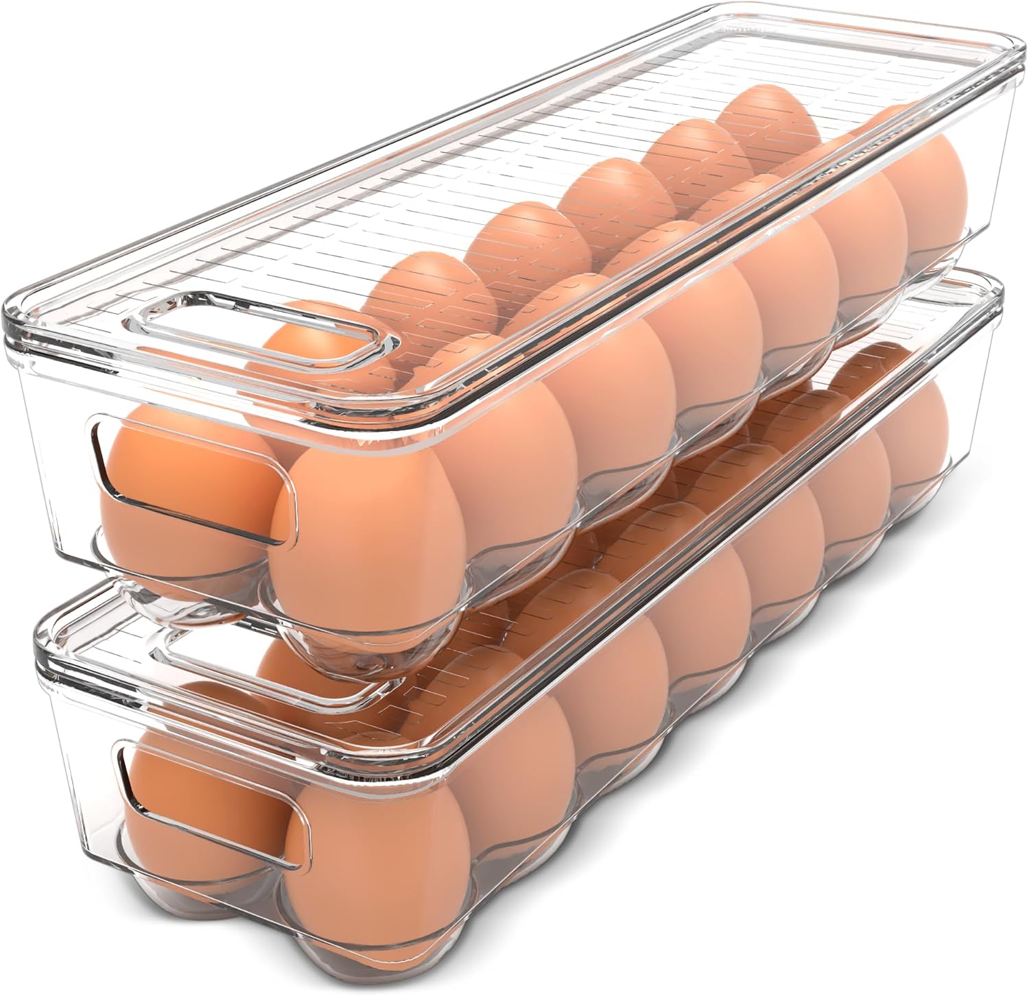 Utopia Home Egg Container With Lid and Handle for Refrigerator Organization- Pack of 2 – Clear Stackable Egg Holder for Kitchen or Pantry Organizers and Storage
