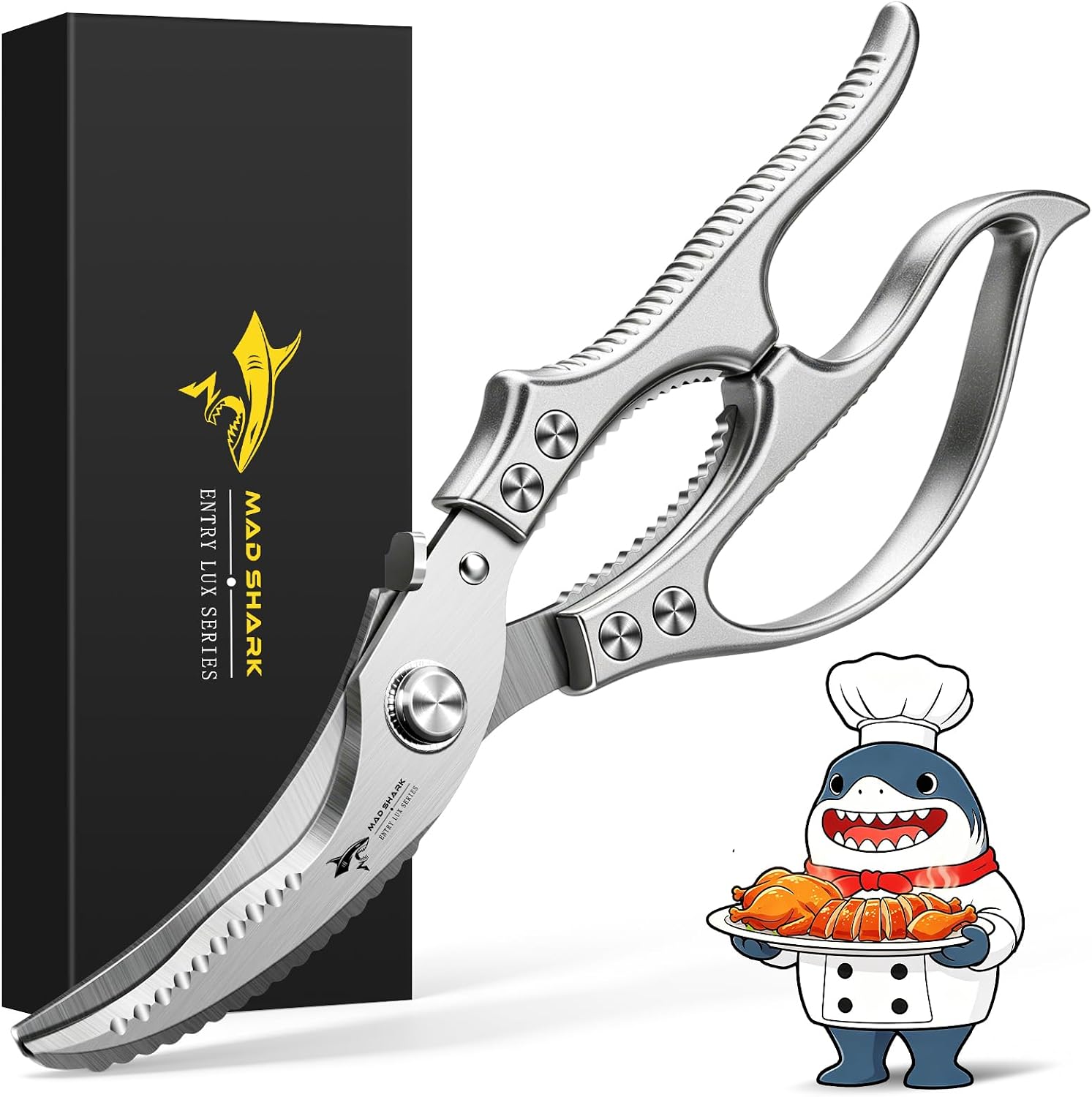 MAD SHARK Heavy Duty Poultry Shears, Kitchen Shears with Non-Slip Handle & Safety Lock, All Purpose Kitchen Scissors for Chicken, Meat Cutting, Turkey, Fish, Vegetables, Spring Loaded, Dishwasher Safe