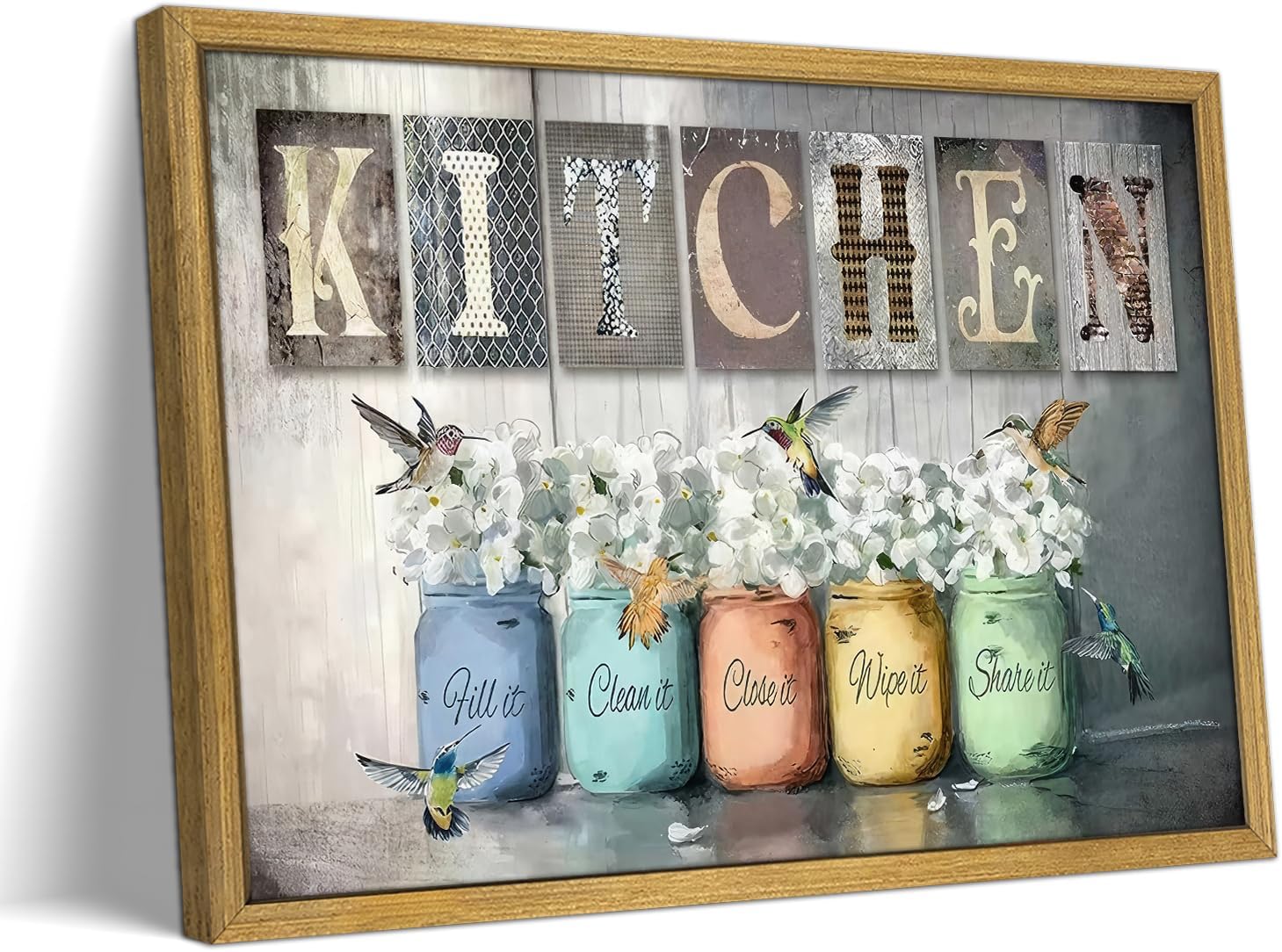 wanyun Vintage Kitchen Wall Art, Modern Farmhouse Wall Decor, Canvas Print Poster Oil Painting, Country Kitchen Dining Room Floral Still Life Paintings for Dining Room Home Decor 8×10 Inch Wood Framed