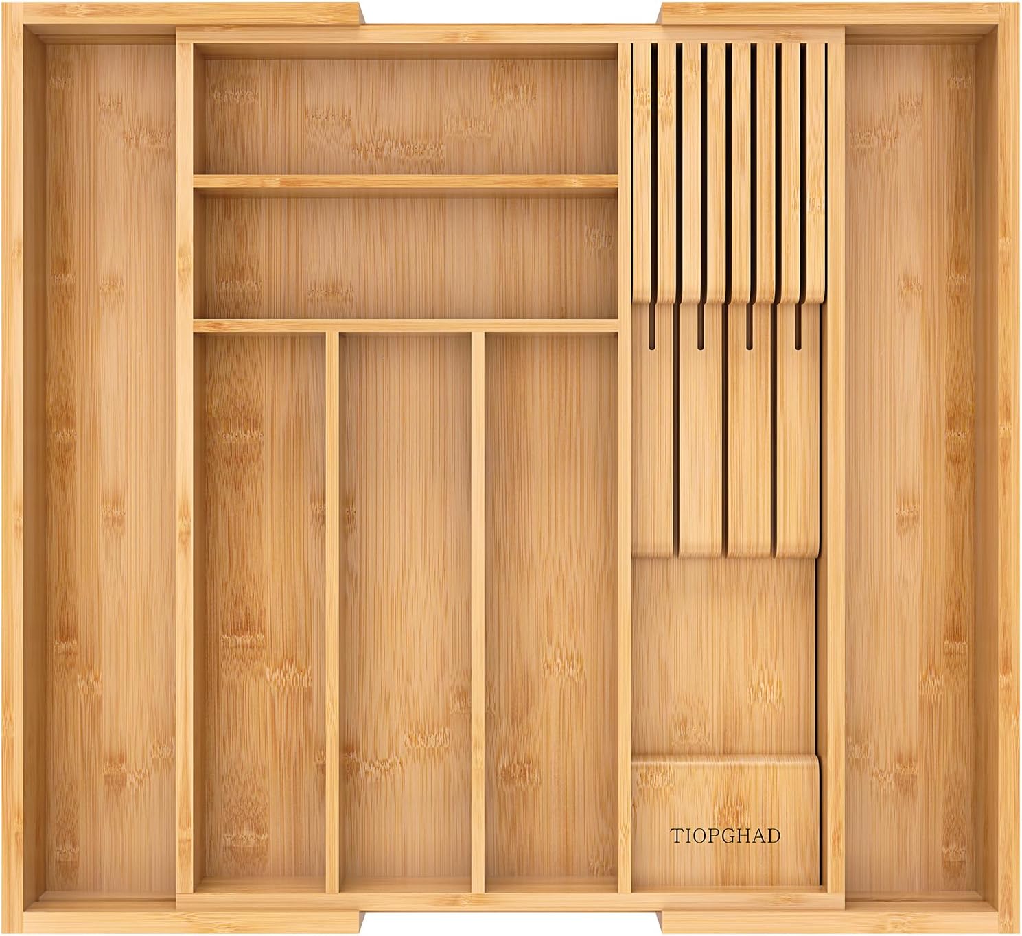 TIOPGHAD Bamboo-Silverware-Drawer-Organizer-Kitchen, Expandable Utensil Holder Cutlery Tray Flatware Organization Adjustable Wood Tableware Dividers Storage (with Removable Knife Block)(Natural)