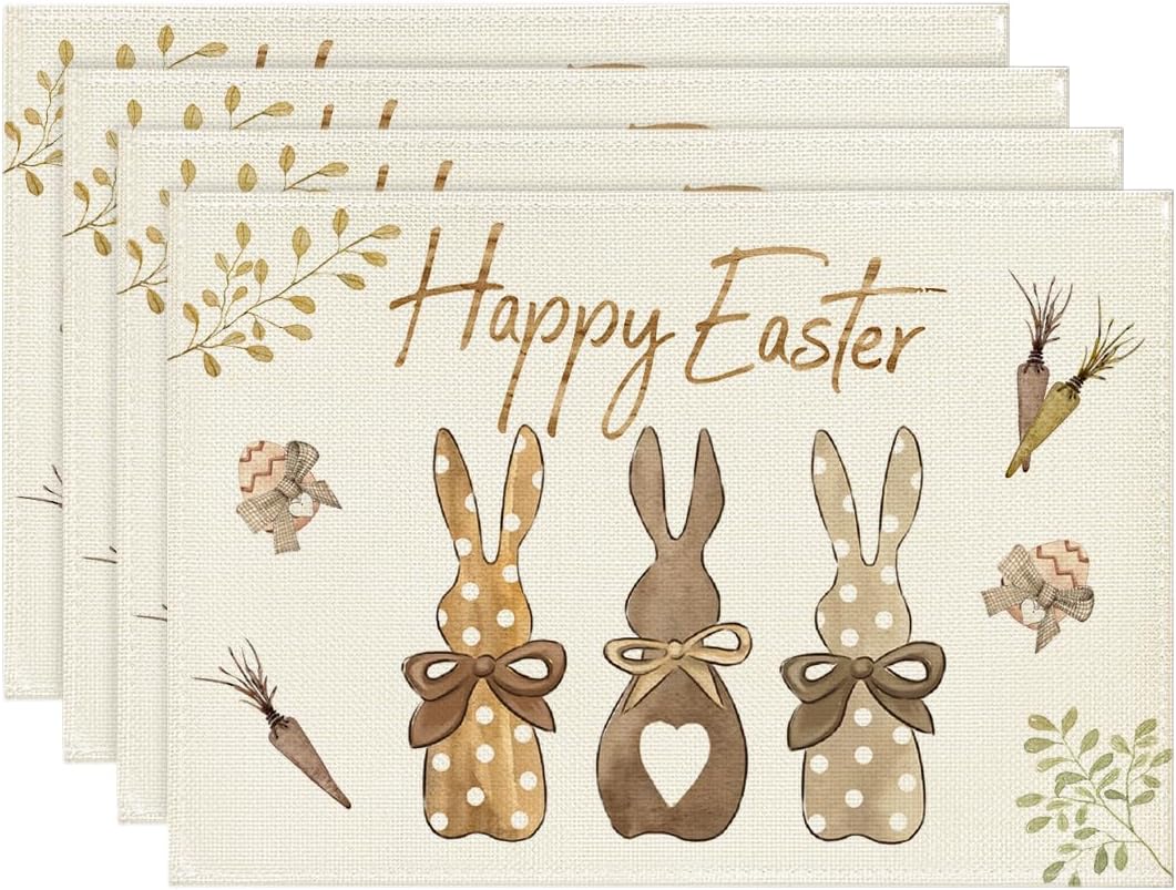 Artoid Mode Carrots Rabbit Bunny Happy Easter Placemats for Dining Table, 12 x 18 Inch Spring Seasonal Holiday Decoration Rustic Vintage Washable Table Mats Set of 4