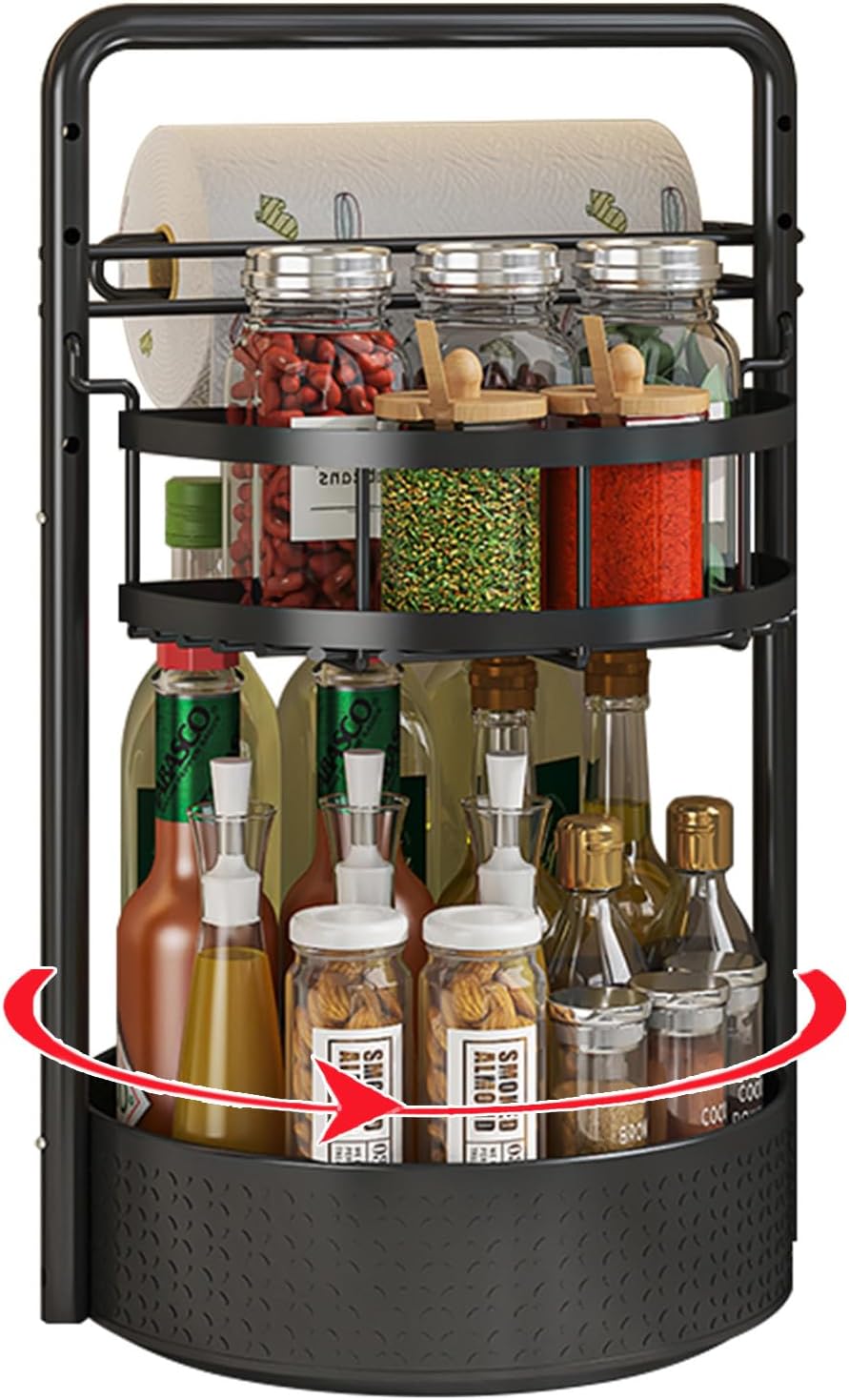 Rotating Spice Rack with Paper Towel Holder, Black | 2 Tier Turntable Lazy Susan, Durable Iron, Seasoning Organizer, For Kitchen Countertop