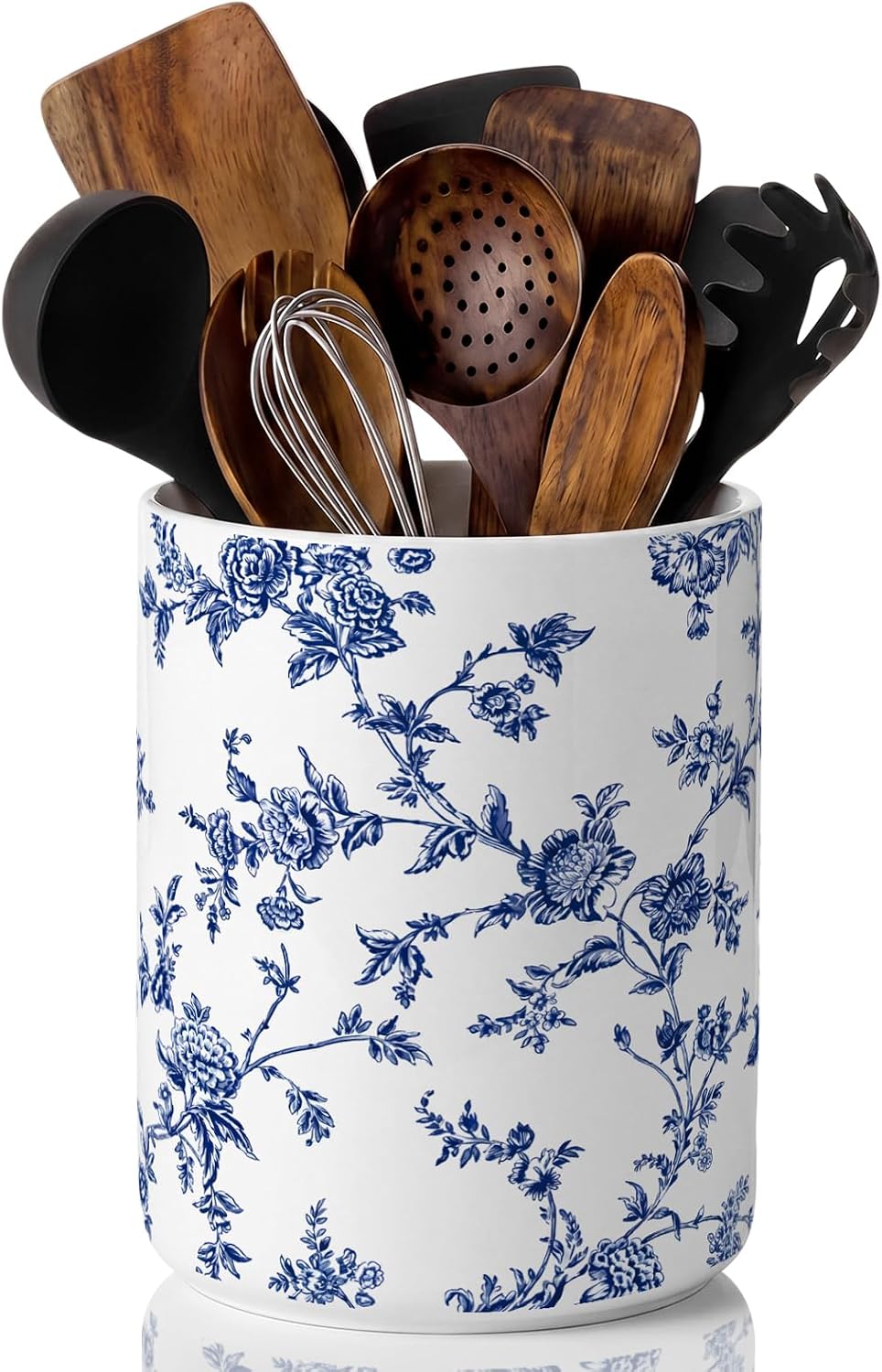 Suclain Blue Floral Ceramic Utensil Holder 6.3 Inch Chinoiserie Vintage Kitchen Crock Blue and White Floral Countertop Storage Organizer for Spatulas and Spoons Home Cooking Unique Gift Idea