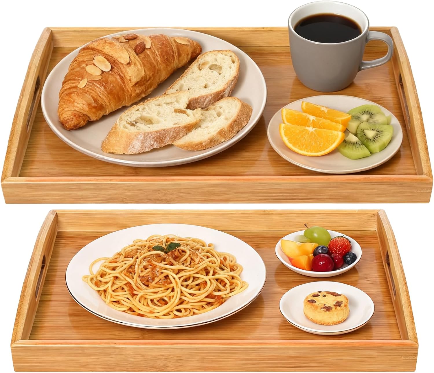 2-Pack Bamboo Serving Trays with Handles, 16″ and 13″, Decorative Food Tray Set for Breakfast, Coffee, Tea, Snacks, Ideal for Coffee Table, Ottoman, Living Room & Kitchen