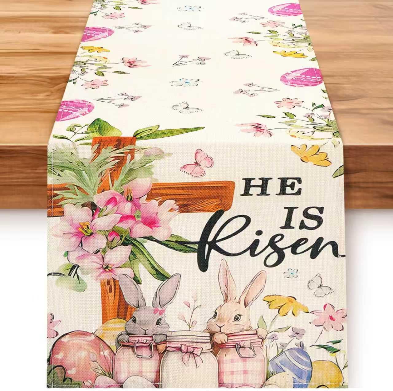 Easter Table Runner 13×72 Inch, Easter Decorations for Table Decor, Bunny Table Runner with Cross Flower, He is Risen Decors Spring Kitchen Dining Table Decor for Home