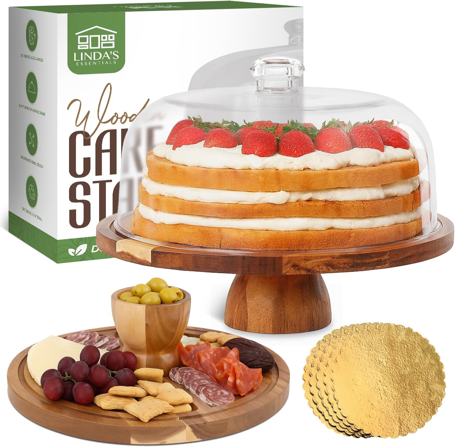 Linda’s Essentials Acacia Wood Cake Stand with Lid (Acrylic) 12 Inch Round Cake Holder Stand with 5 Bonus Cake Sheets, 2-in-1 Wooden Cake Stand with Dome & Charcuterie Board for Cheese, Cake Plate