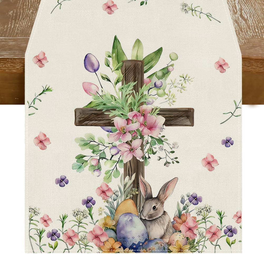 RABUSOFA Cross Bunny Colorful Eggs Flowers Leaves Rabbits Easter Table Runner,Easter Decorations for Home Kitchen Dining Dinner Indoor Holiday Farmhouse Spring Decor 13×72 Inch