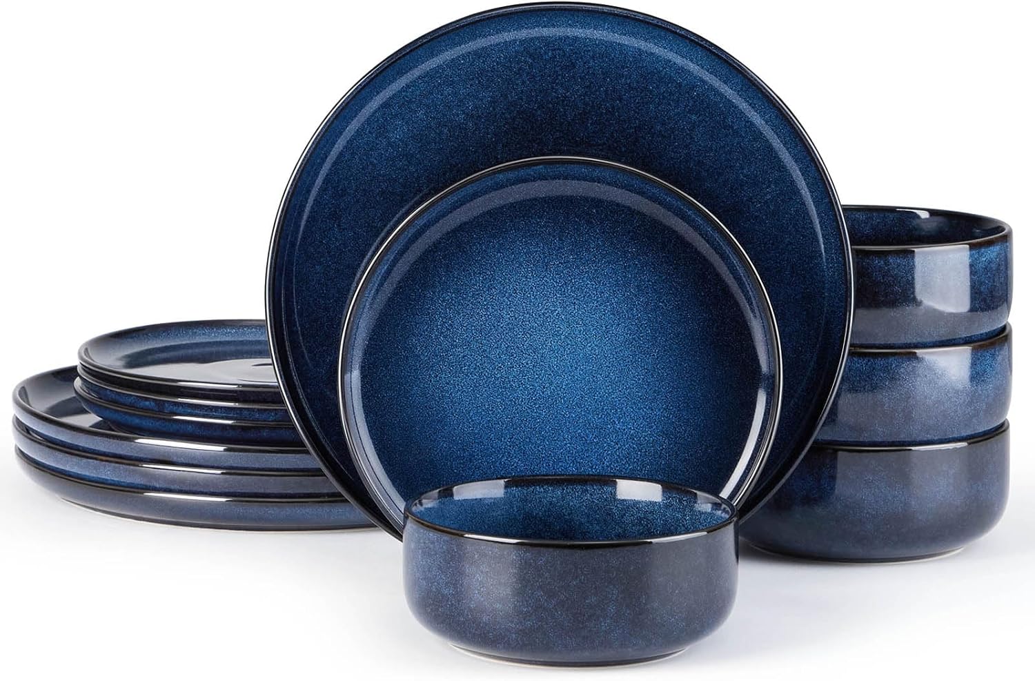 E-far Dinnerware Sets for 4, 12-Piece Stoneware Plates and Bowls Set, Ceramic Dishes Reactive Glaze Dinning Ware, Microwave & Dishwasher Safe – Deep Sea Blue