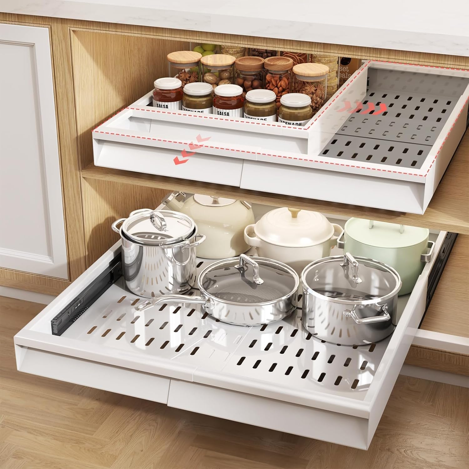 Seinloes Pull Out Cabinet Organizer, 4-Side Expandable to Fit Most Cabinets, 3 Rail Slide Out Drawers with Raising Pad for Framed & Frameless Cabinets, 13″-21″ W x 17″-24″ D, White, 2 Pack