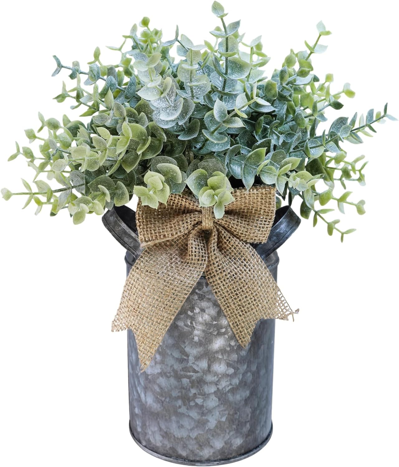 Winlyn Set of 1 Farmhouse Faux Eucalyptus Arrangement Centerpiece Rustic Galvanized Metal Milk Can Vase Artificial Eucalyptus Bushes Greenery Plants for Wedding Kitchen Home Indoor Table Shelf Décor