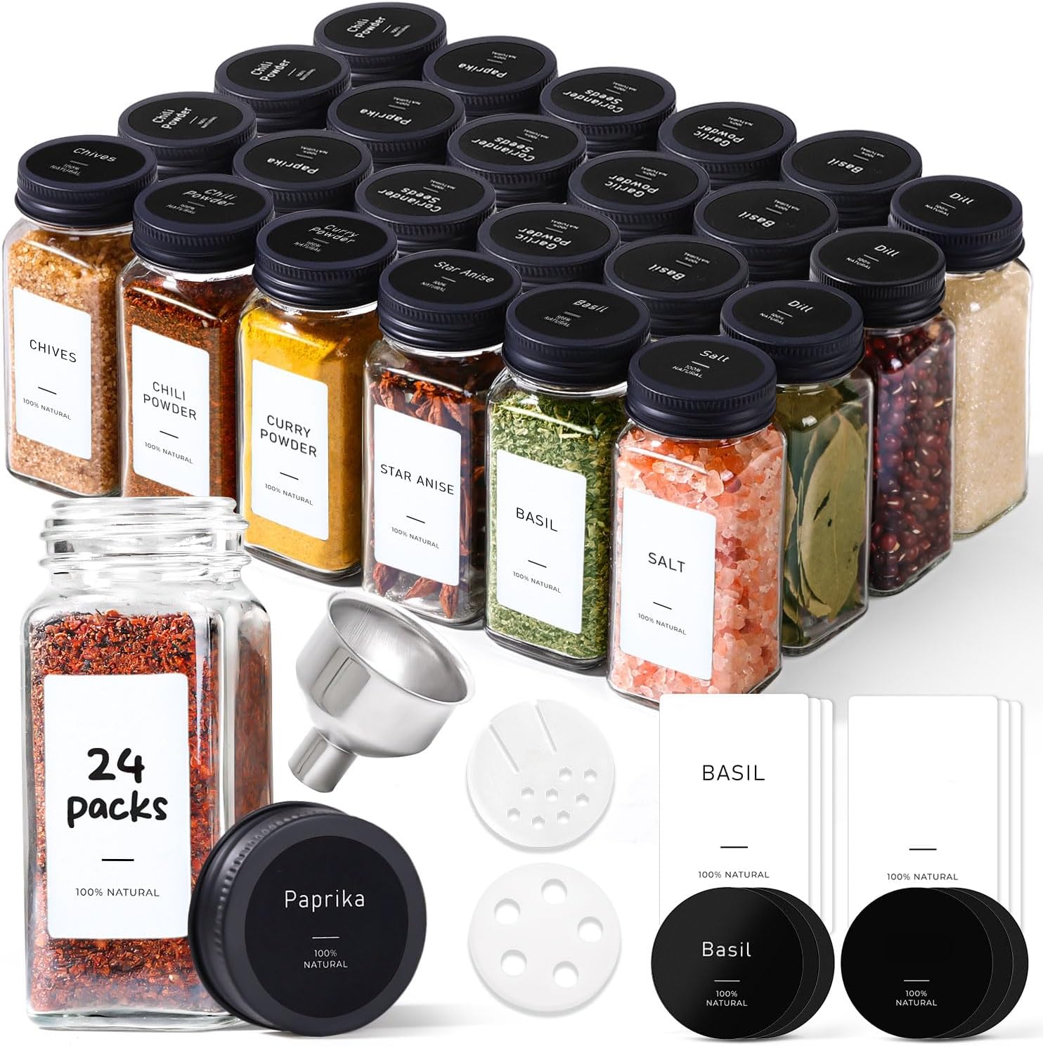 ComSaf Glass Spice Jars with with Labels 4 oz 24 Pack Small Square Bulk Set | Empty Containers, Seasoning Herb Powder, Salt Pepper Chili, Spice Rack Organization, Kitchen Cabinet Storage, Funnel Included