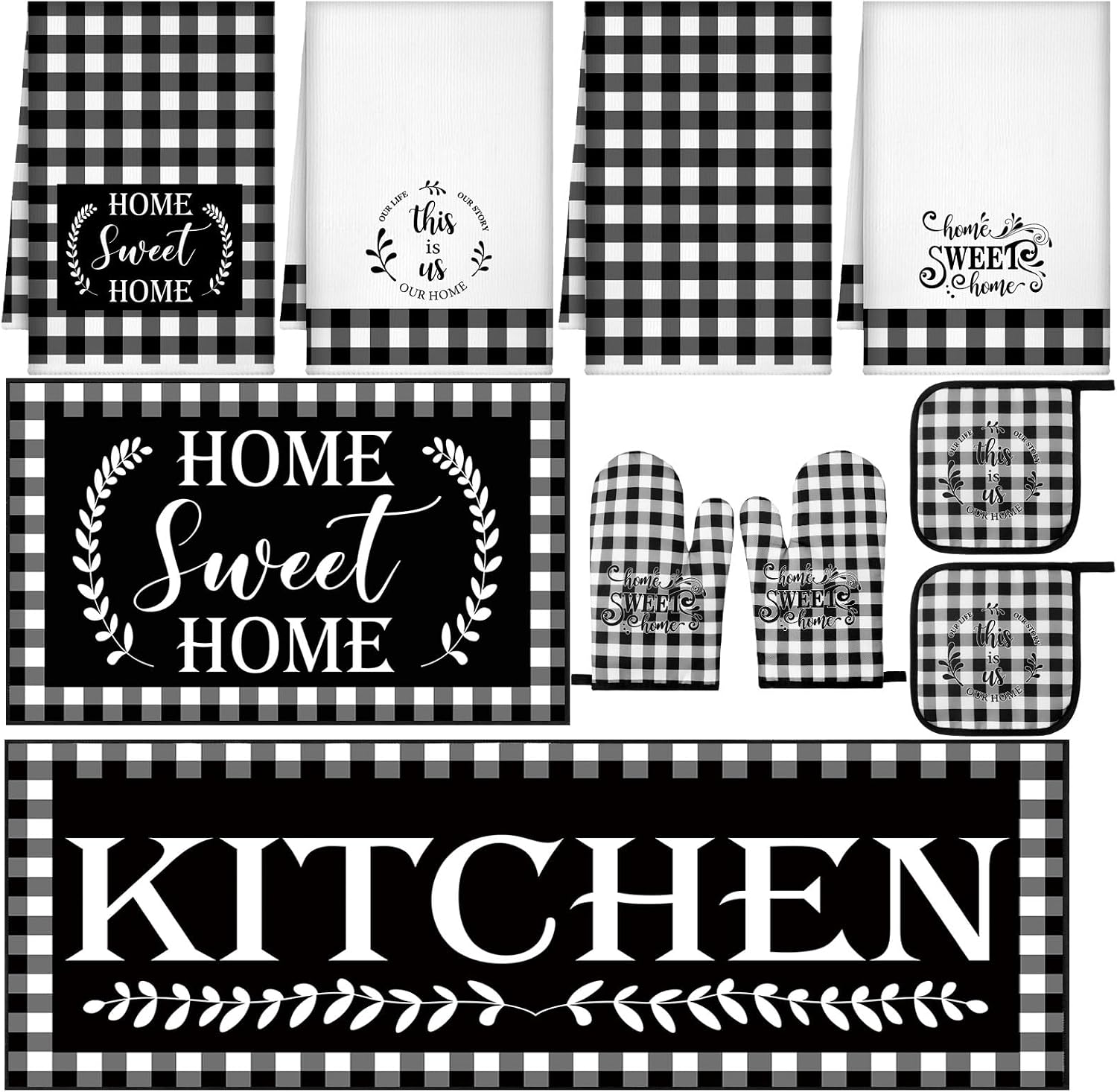 Fourluoo 10 Pcs Kitchen Set Kitchen Towels and Rugs Oven Mitts and Pot Holders Farmhouse Decor for Women Mom Gift Cooking Baking Grilling(White Black)