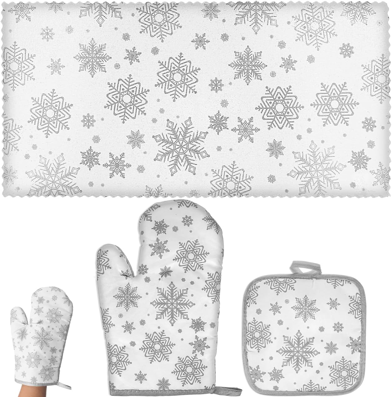 3pcs Christmas Kitchen Decor Set Snowflake Kitchen Dish Towels Pot Holders and Oven Mitts Set Heat Resistant Oven Gloves for Xmas Cooking Baking Grilling
