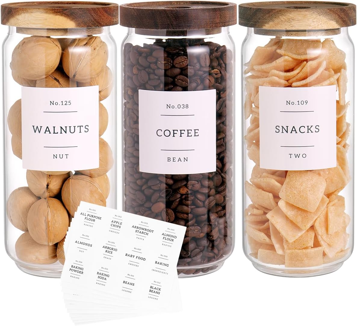 CZZGSM 3 Set Glass Pantry Storage Jars with Acacia Airtight Lid – 35oz Thicken Glass Kitchen Canisters with 132 Pantry Labels – Clear Food Storage Containers with Wood Lid for Tea,Sugar,Cookie,Pasta