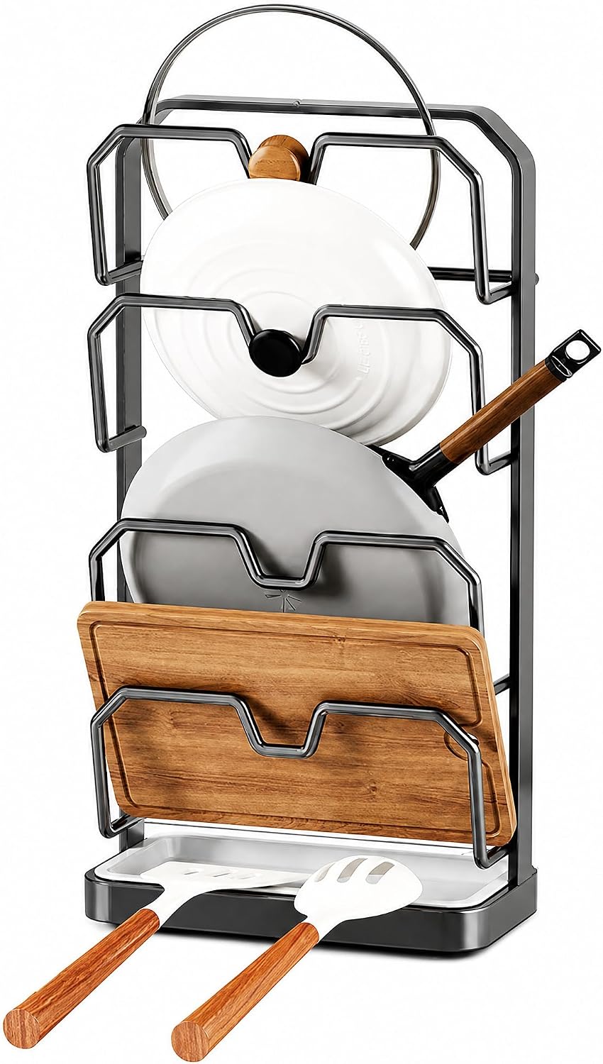 FOCHIER F Pot Lid Storage Rack, Black, Carbon Steel, U-Shaped Vertical Slots with Drip Tray, Space Saving, Countertop, Modern