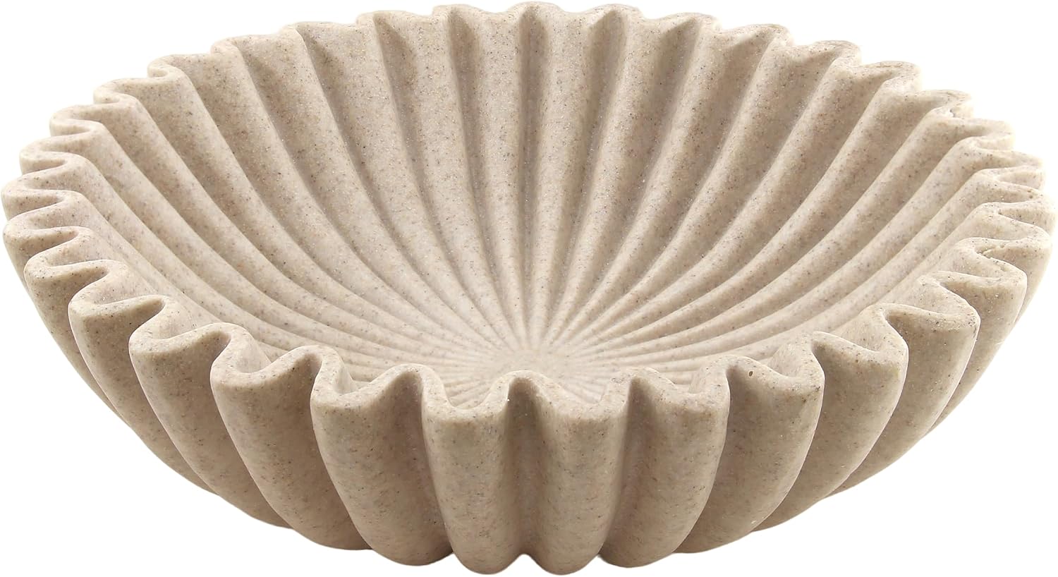 10” Large Ruffle Decorative Fruit Bowl for Entryway Coffee Table Scalloped Purse Key Holder Kitchen Countertop Console Modern Organic Home Decor, Artificial Stone Beige