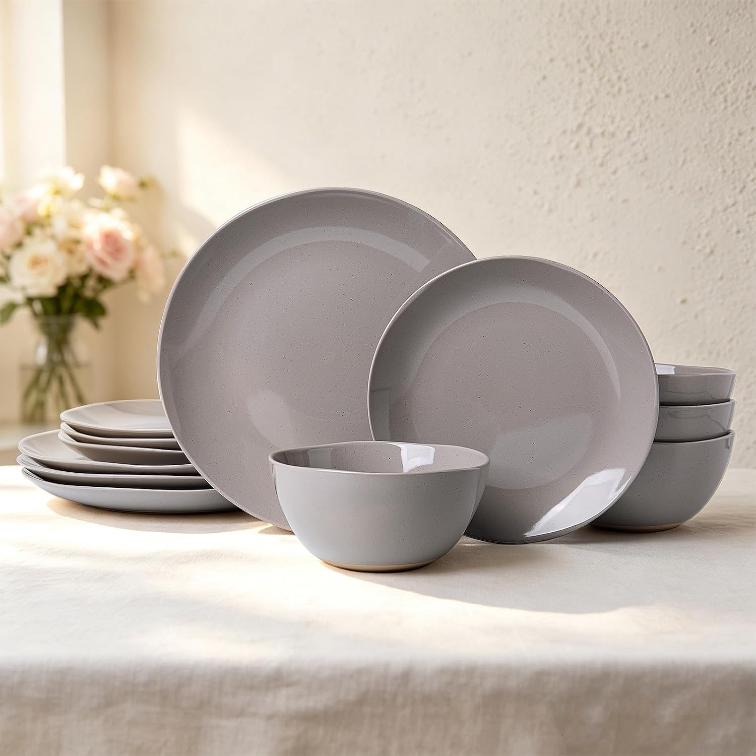 Dinnerware Sets for 4, 12 Pieces Stoneware Plates and Bowls Sets, Dishwasher&Microwave Safe,Modern Minimalist Tableware for Everyday Use, Gray