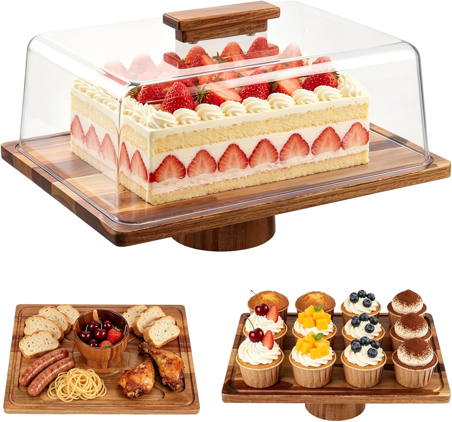 Wooden Cake Stand with Lid, 2-in-1 Rectangular Dessert Display & Charcuterie Board, Acacia Flip-top Lidded Plate with Glass Dome for Parties, Holiday, Weddings & Birthdays