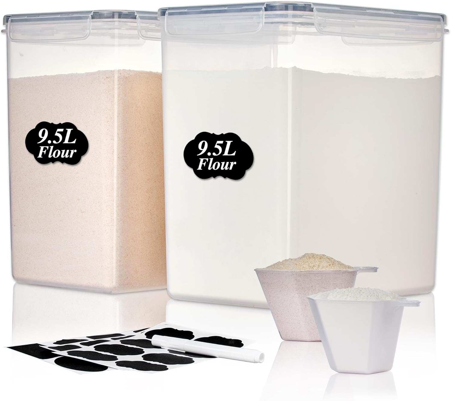 Vtopmart 9.5L 2 Pack Extra Large Flour Sugar Storage Containers, Each for 12.5 lbs flour, Airtight Kitchen Pantry Organization Canisters with Lids for Bulk food, Rice, Baking Supplies, BPA Free, Black