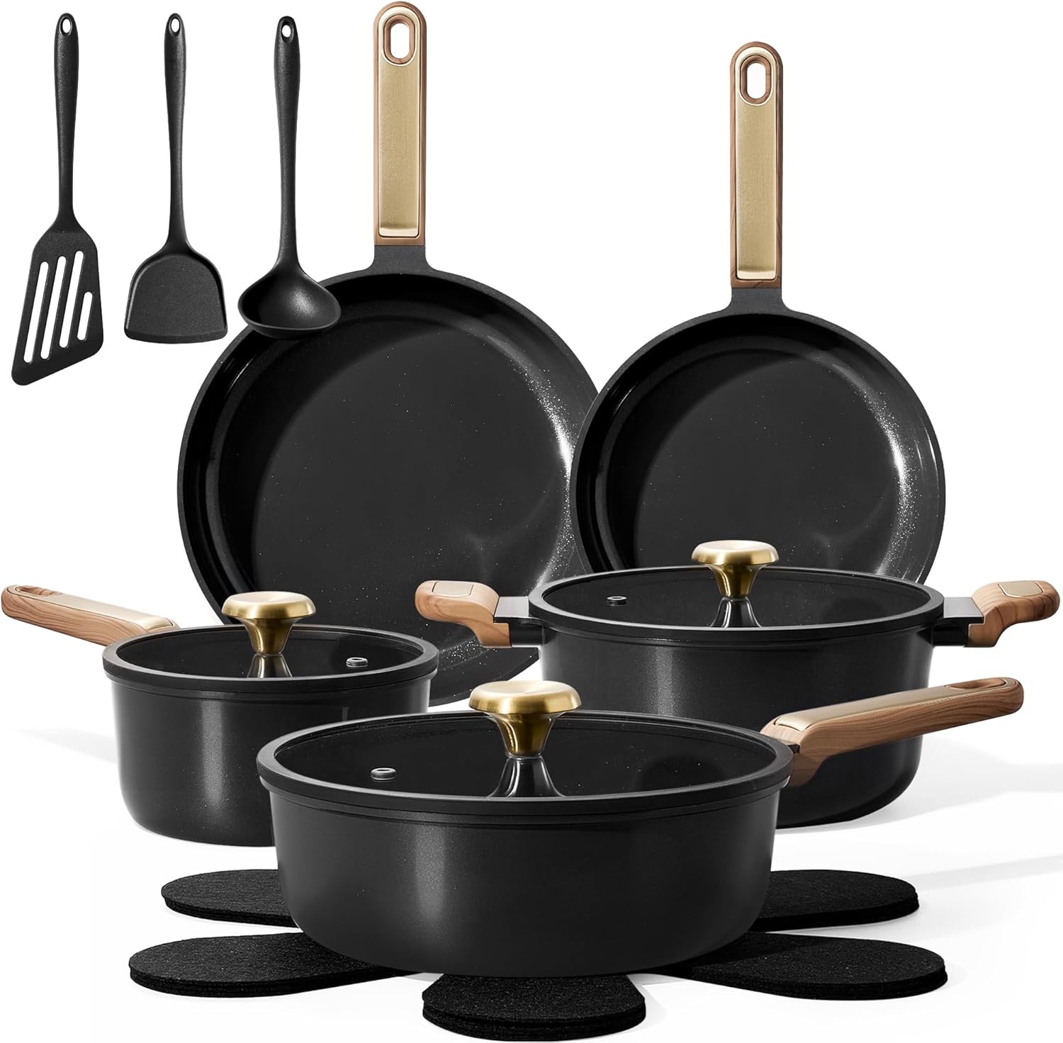 CAROTE Ceramic Cookware Set Nonstick, 16pcs Pots and Pans Set Nonstick, Non-Toxic & PFAS-Free, Dishwasher, RV/Camping Cookware Set, Cooking Pots with Lids, Charcoal Black