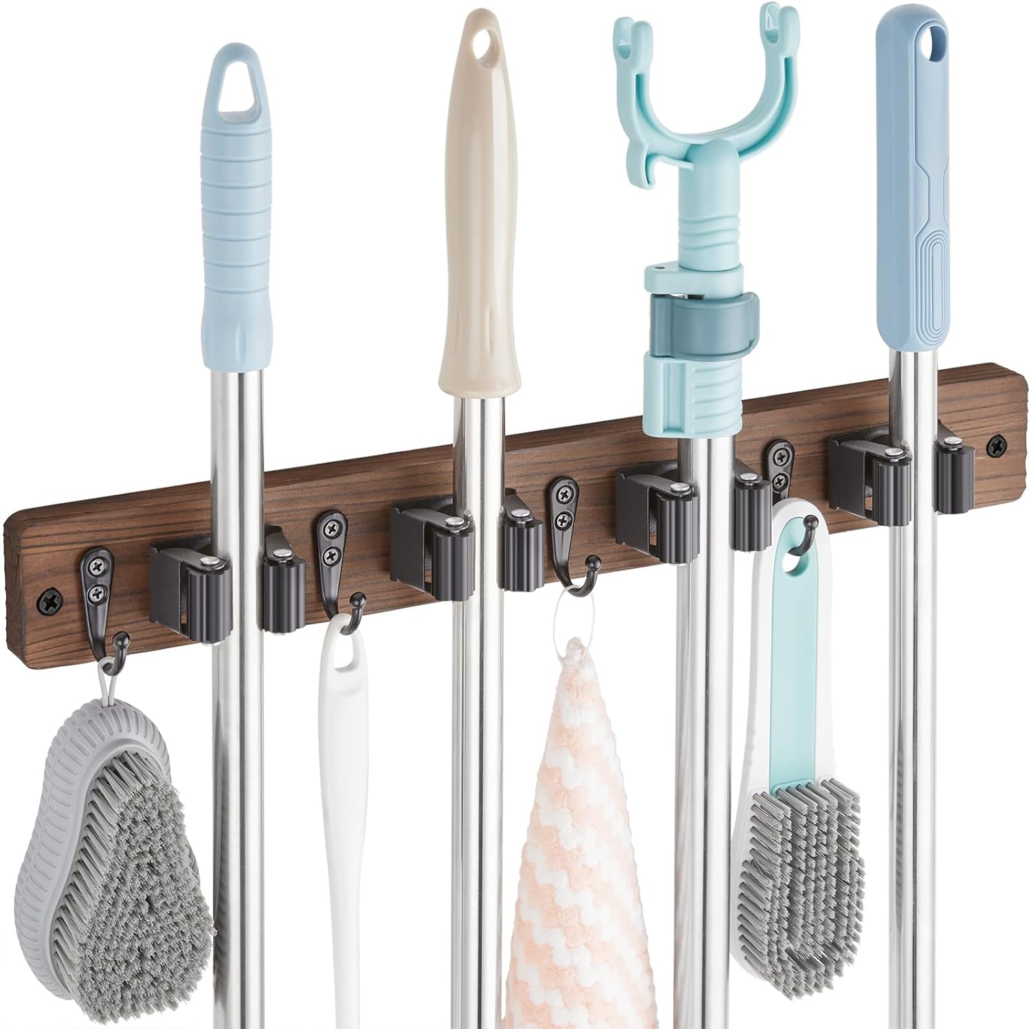 OUTNILI Mop and Broom Holder Wall Mount – Wood Broom Mop Hanger – Wall Mounted Garden Tool Rack Organizer for Closet Garage Laundry Room, Rustic Kitchen Decor With 4 Slots & 4 Hooks
