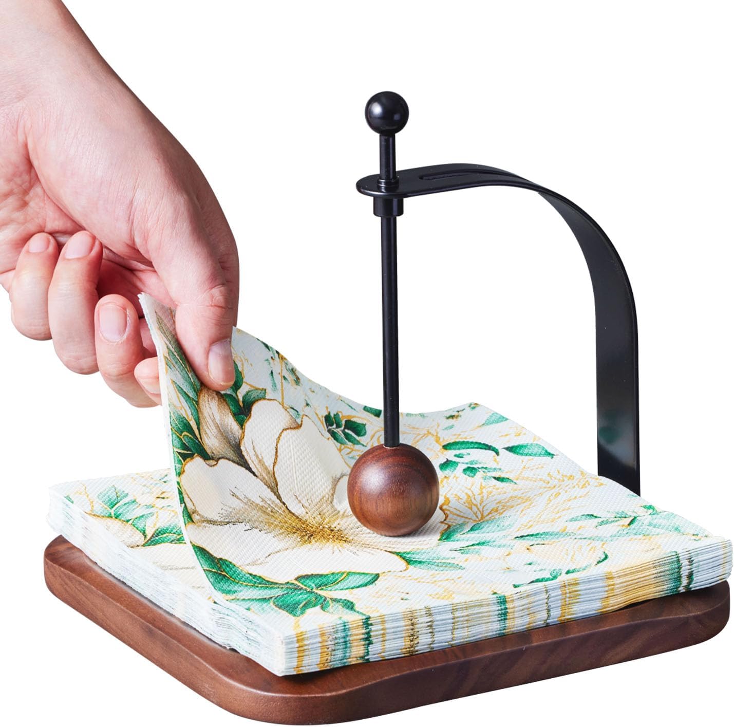 Napkin Holder for Table, Cocktail Decorative Napkin Holder with Weighted Arm, Modern Square Napkin Holders for Paper Napkins, Napkin Tray for Kitchen Coffee Bar Decor, Black Walnut Wood