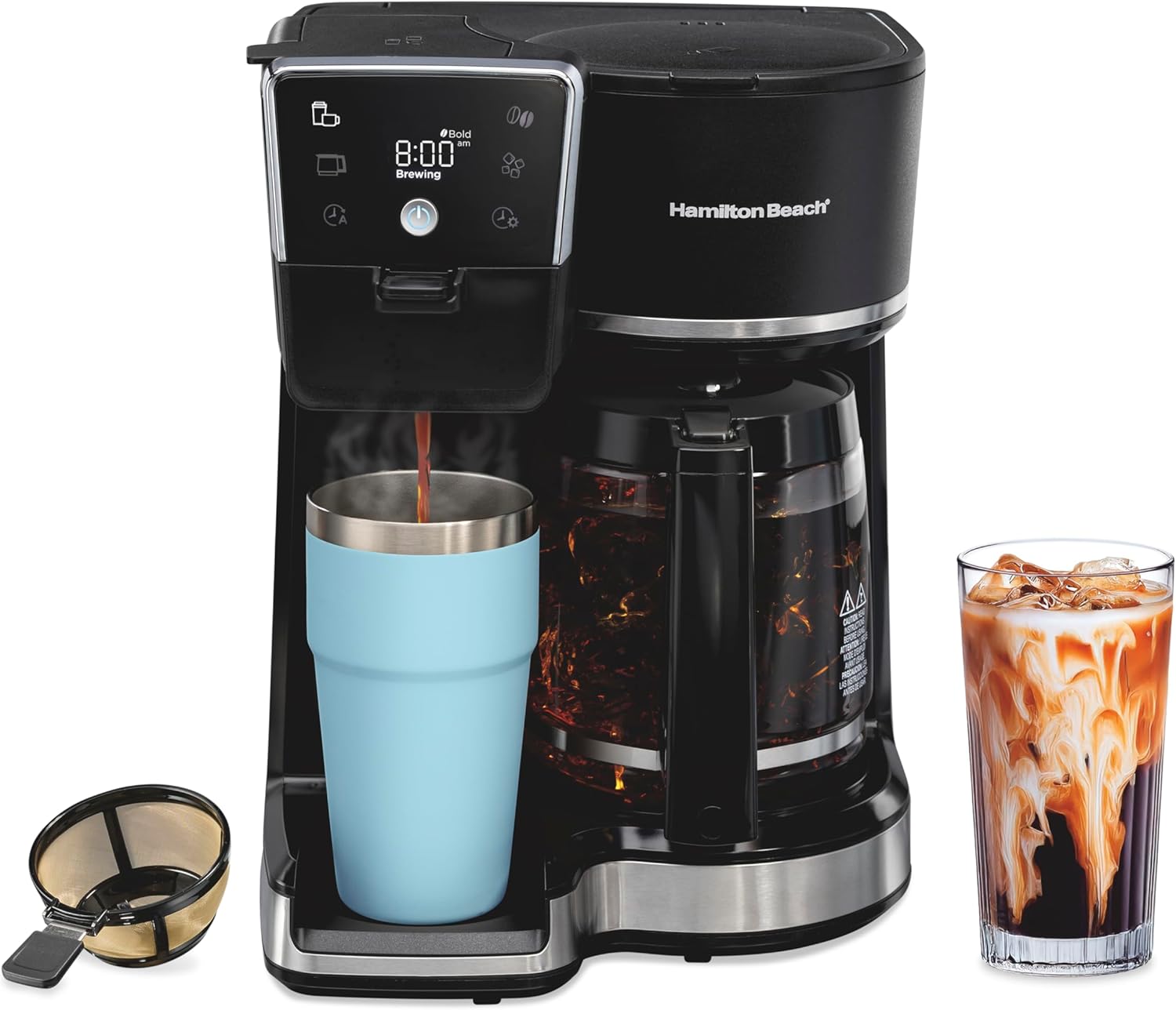 Hamilton Beach 2-Way 12 Cup Programmable Drip Hot and Iced Coffee Maker & Single Serve Coffee Machine, AquaFlow Showerhead, Glass Carafe, Auto Pause and Pour, Black (47500J)