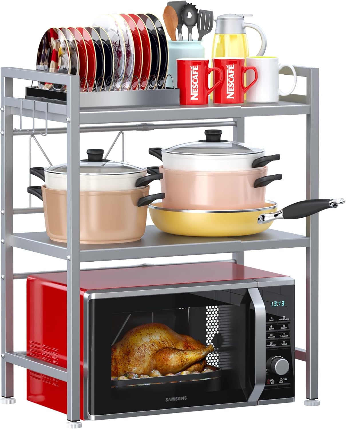 PUSDON 3-Tier Expandable Microwave Oven Rack, Countertop Baker’s Rack Style Shelf, Heavy Duty Adjustable Stand with Hooks, 160lbs Capacity Appliance Match, Silver Gray