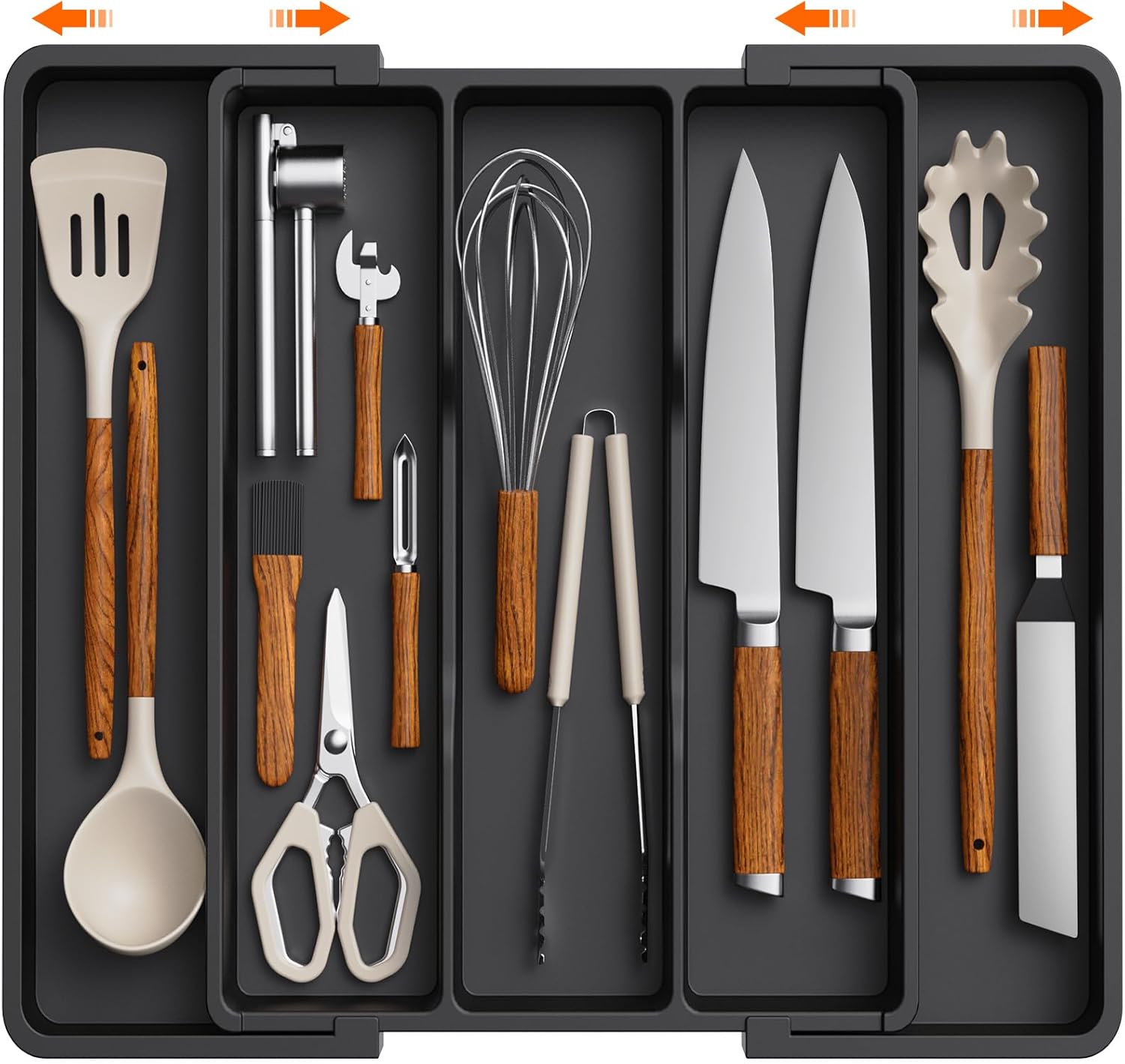 Lifewit Utensil Organizer for Kitchen Drawers, Expandable Cooking Utensil Tray, Adjustable Cutlery Silverware Flatware Holder, Plastic Spatula Tools Storage Divider, 13-22 x 15″, Black
