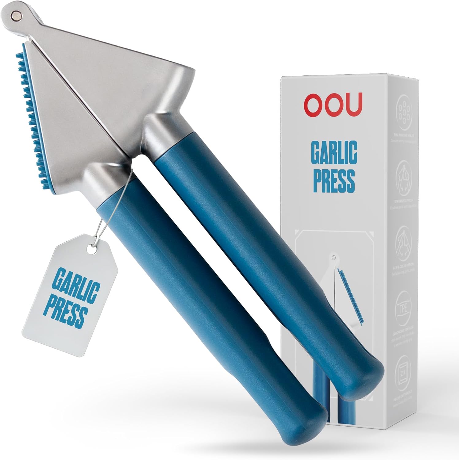 OOU Garlic Press, Stainless Steel Garlic Mincer with Premium Zinc Alloy Construction, Easy-Squeeze Ergonomic TPE Non-Slip Grip Handles, Reverse Cleaning Bumps and Dishwasher Safe Design, Blue