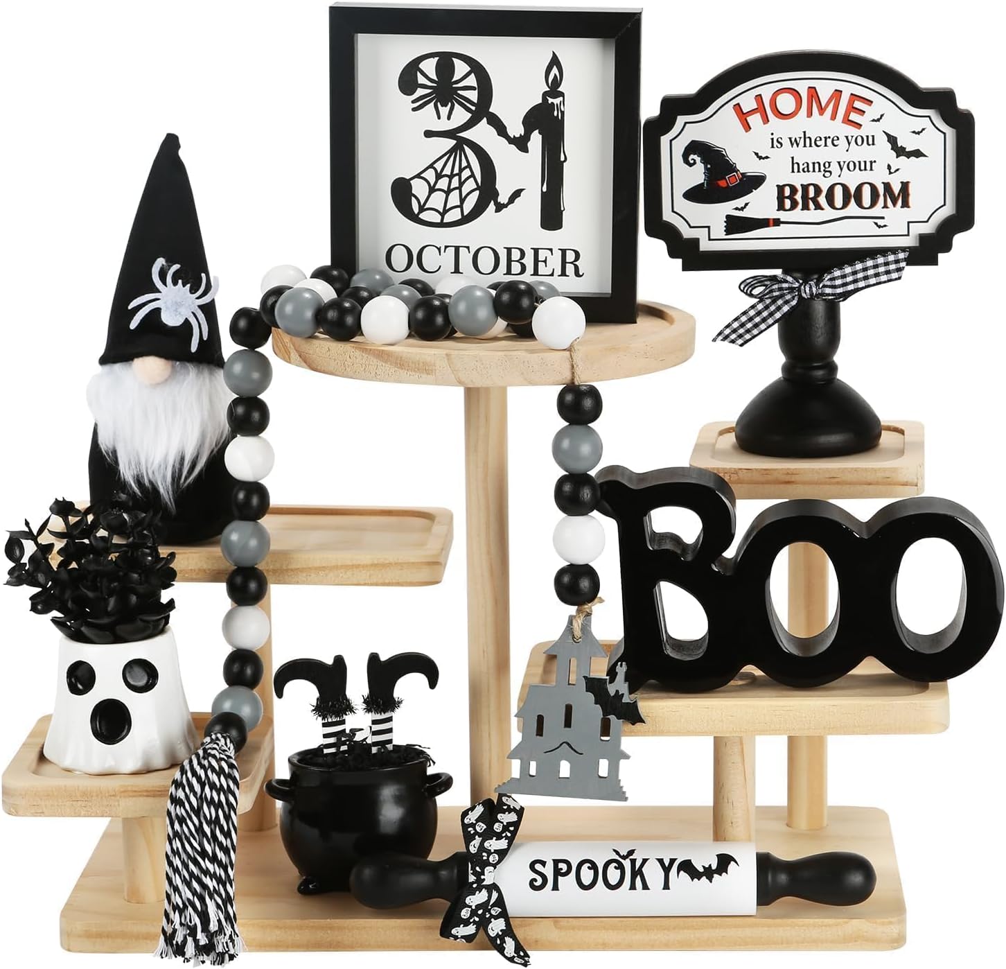 Halloween Decorations 8PCS Tiered Tray Decor, Cute Tabletop Halloween Decor for Home Tray Shelf Mantel Coffee Bar Office Table Centerpieces Farmhouse Rustic Spooky Wood Signs
