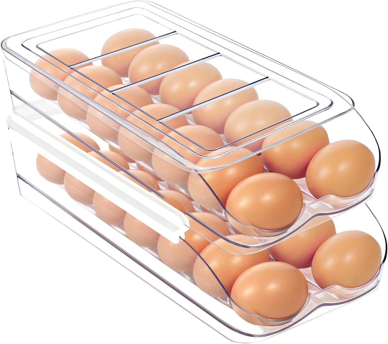 MesRosa Egg Holder for Fridge, Automatic Rolling Egg Organizer for Refrigerator, Clear Plastic Egg Container & Tray, Stackable Dispenser and Storage Bin with Sturdy Lid to Saving Space -2 Layer