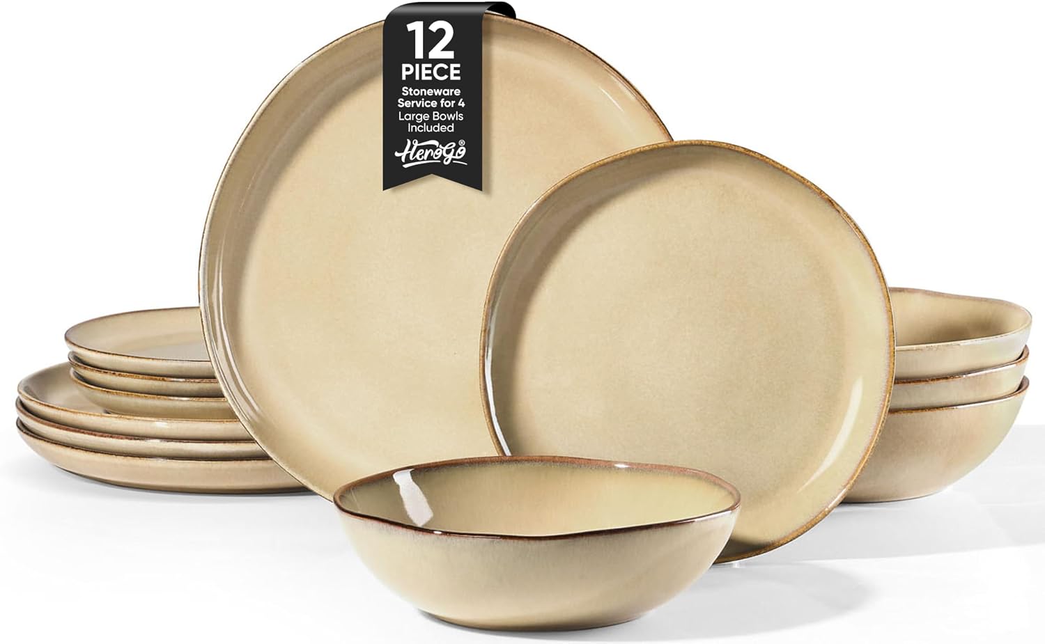 Herogo 12pcs Stoneware Dinnerware Sets for 4, Irregular Handmade Dinner Plates and Bowls, Kitchen Dining Dish Dishware Set, Microwave & Dishwasher Safe, Cream Khaki