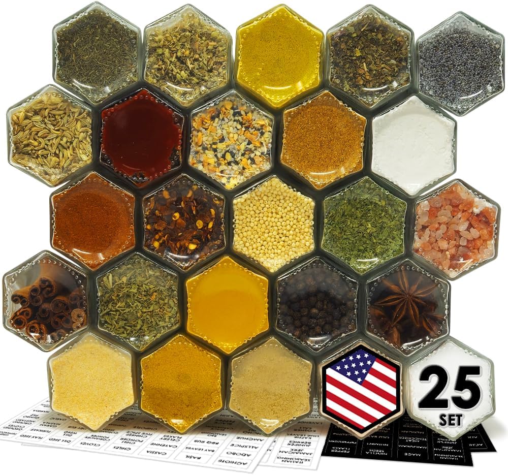PATRIOT Set of 25 Hexagon Glass Spice Jars with Shaker Lids and Labels for Refrigerator, Kitchen, RV Travel Trailer Magnetic Containers