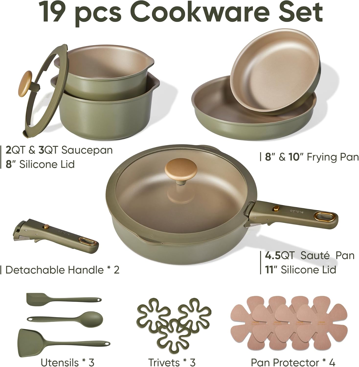 CAROTE 19 Pcs Pots and Pans Set, Nonstick Cookware Sets with Detachable Handle, Oven Safe, Cookware Non Stick Cooking Set w/Frying Pans & Saucepans Green(PFOS, PFOA Free)