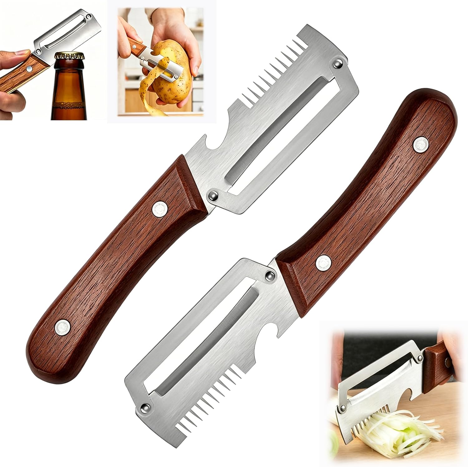 2PCS Multi-Functional Vegetable Peeler for Kitchen with Wooden Handle and Bottle Opener, 3 in 1 Stainless Steel Green Onion Slicer Kitchen Gadgets Tool for Fruit Veggie Potato Pumpkin Apple Carrot