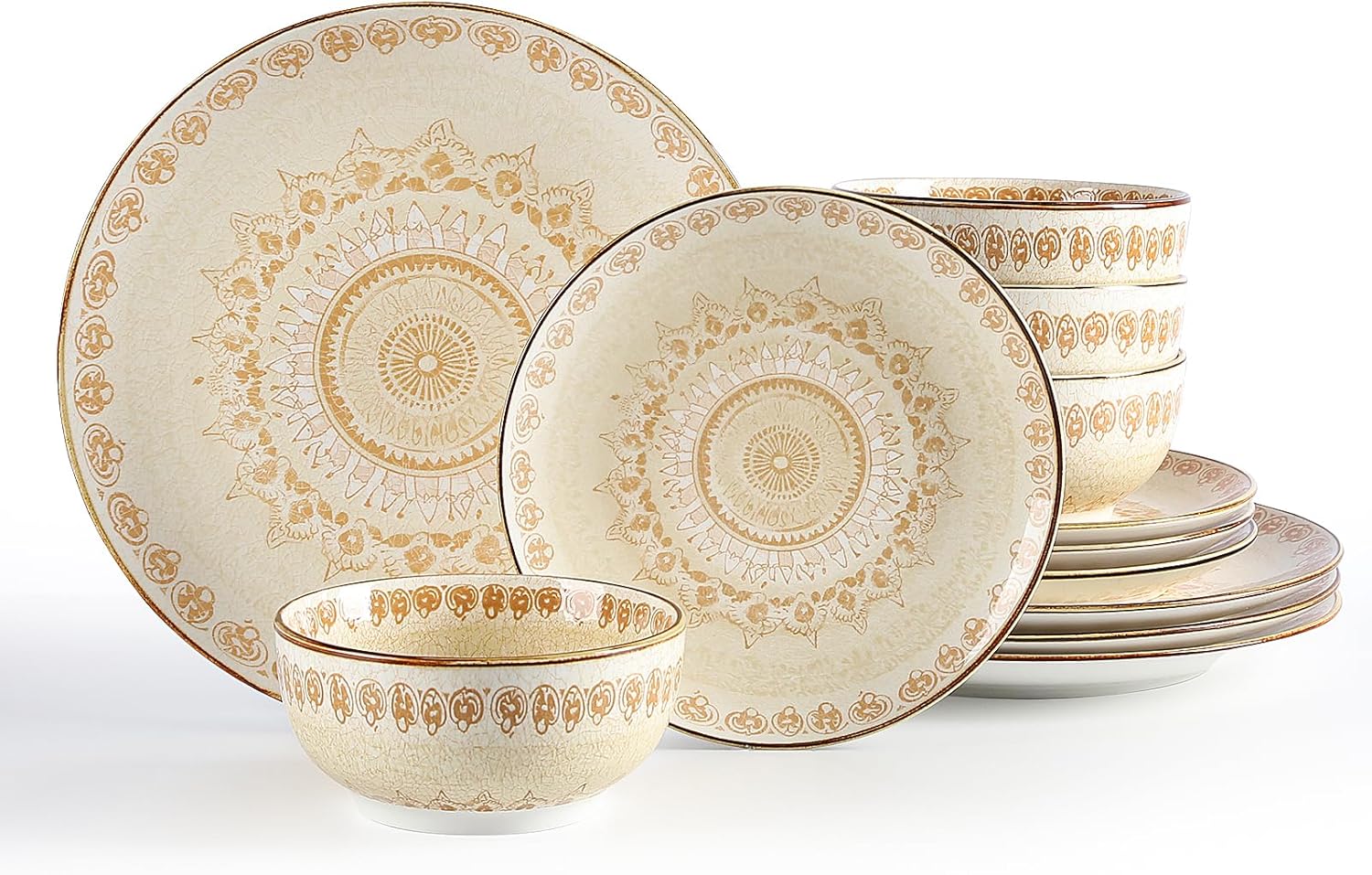 Sweejar Dinnerware Sets Service for 4, 12 pcs Porcelain Plates and Bowls for Kitchen, Housewaring Gift, Chip and Scratch Resistant Dish Set, Handmade Dishwasher and Microwave Safe Plate Set, Bohemian