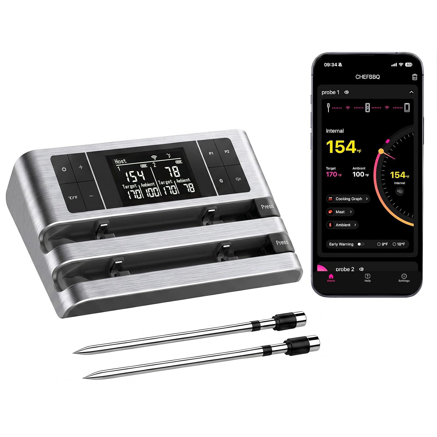 Wireless Smart Meat Thermometer, Dual-Sensor Probe, 500FT Remote, Dedicated App, Real-Time Temp for Oven/Grill – Rechargeable, Precise for Steak
