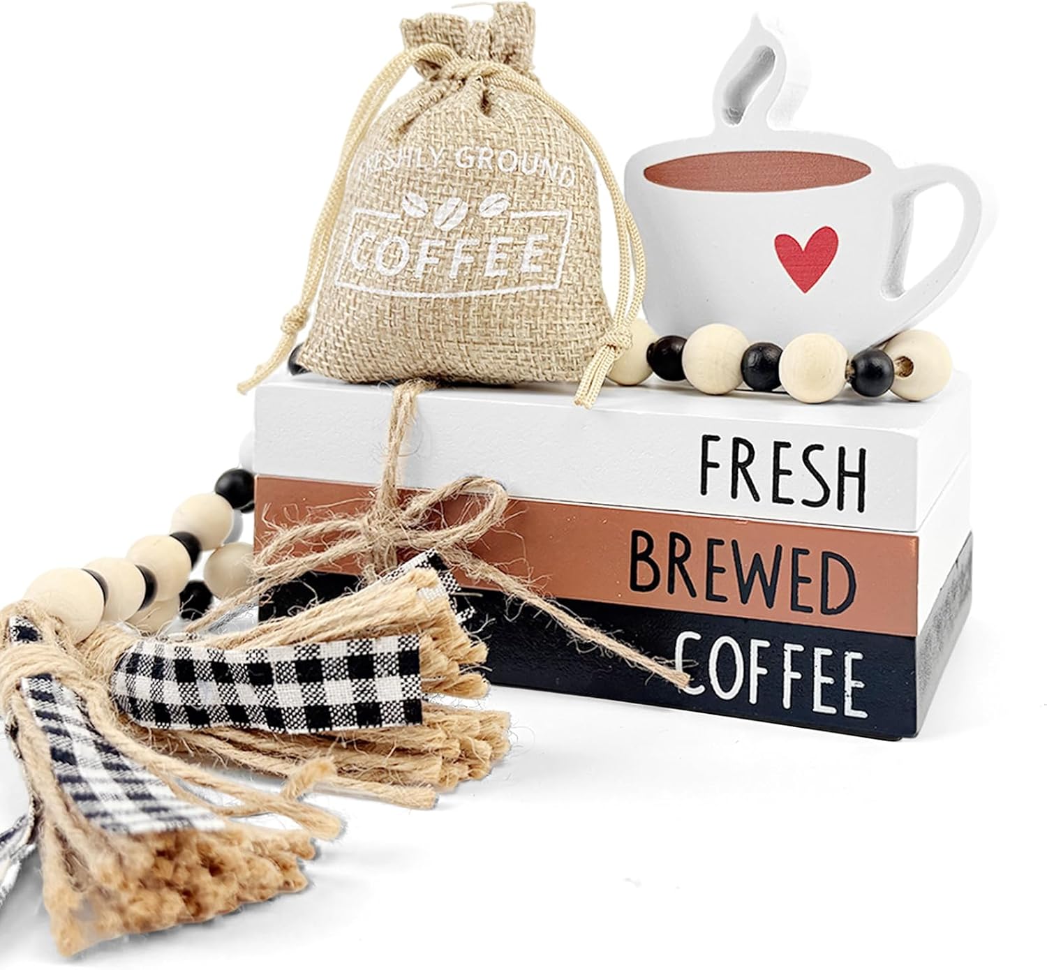 MEMOVAN Wooden Coffee Bar Tabletop Decorations 6PCS Coffee Tiered Tray Decor Mini Wooden Book Stacks with Bead Garland Farmhouse Coffees Table Centerpiece for Rustic Farmhouse Home Decor