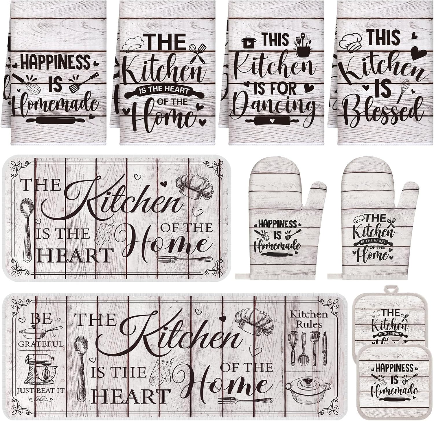 Fourluoo 10 Pcs Farmhouse Kitchen Decor and Accessories Set 4 Kitchen Towels 2 Pot Holders 2 Oven Mitts 2 Rugs for Cooking Baking Mom Housewarming Gifts (Unadorned Color,Stitched Wood Grain)