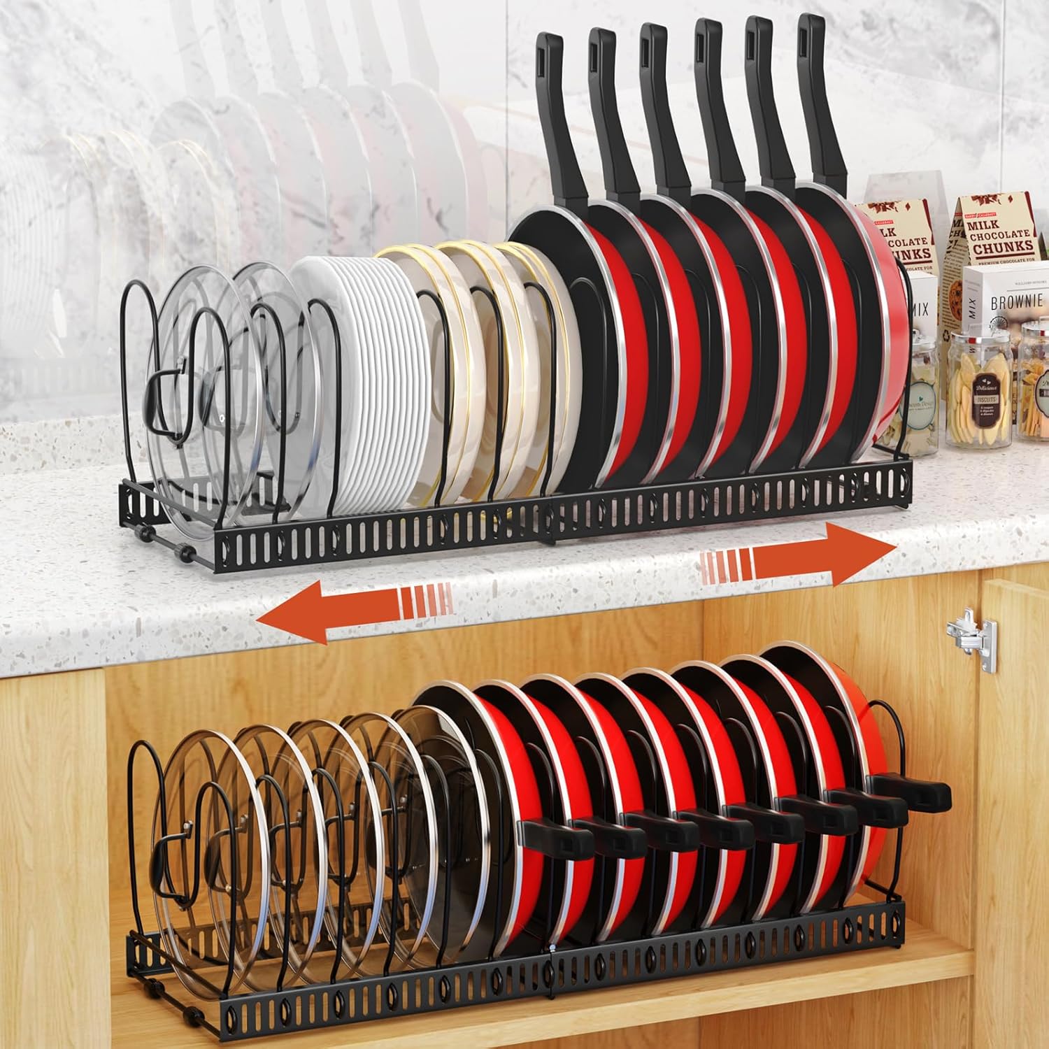 Housolution 2 Pack Pot and Pan Organizer, 12″-23″ Expandable Pot Lid Organizer with 14 Adjustable Dividers, Pan Lid Holder Storage Rack for Cabinet, Black