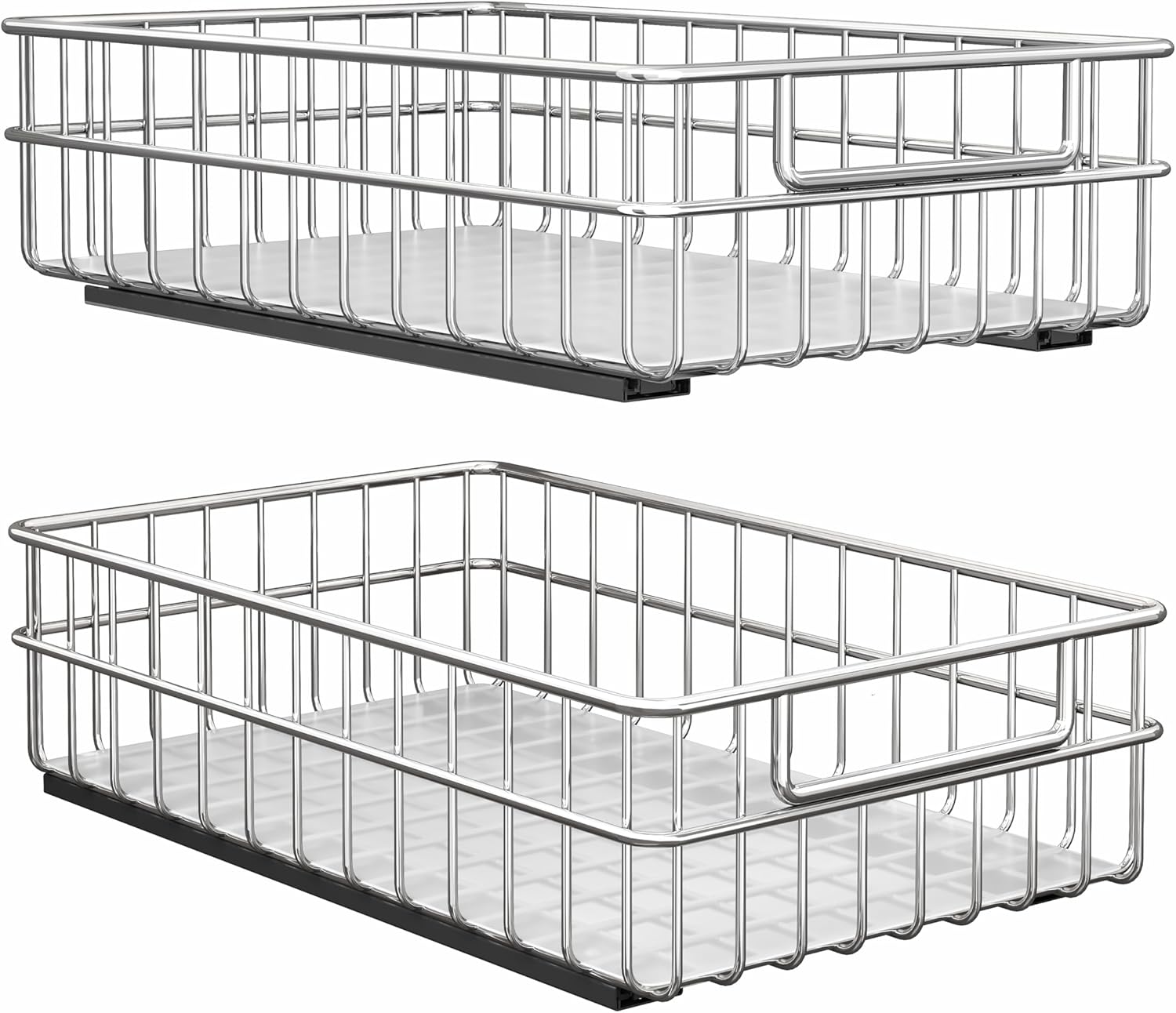 Pull out Cabinet Organizer, Stainless Steel 2-Pack Slide out Drawer with Silent Full-Extension Slides, Adhesive Roll out Can Spice Storage Basket Shelf Rack for Pantry, Kitchen, Bathroom, Home Closet