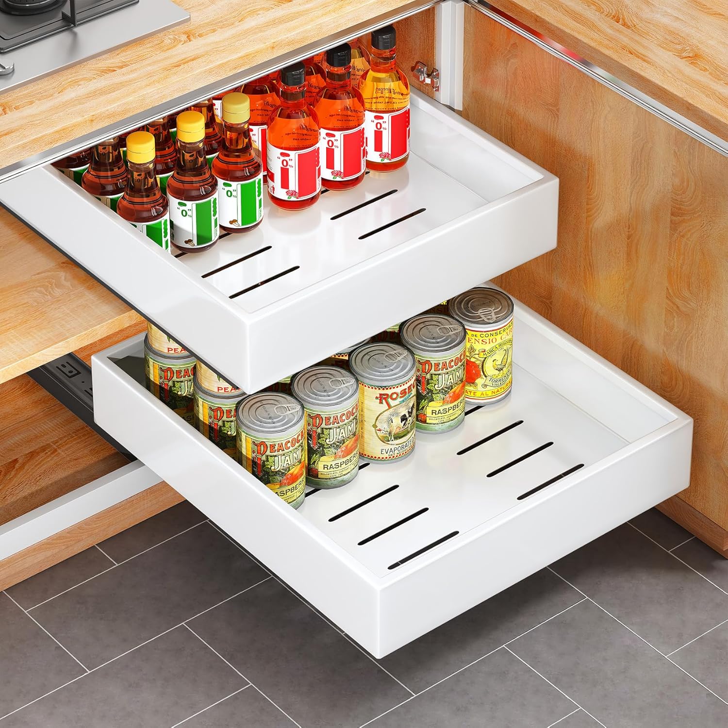 Pull out Cabinet Organizer, 21″Deep, Heavy Duty Full-Extension Slide out Drawers for Kitchen Cabinets with Nano Adhesive, Roll Out Shelf Sliding Cabinet for Pots, Bathroom, Pantry, Under Sink, White