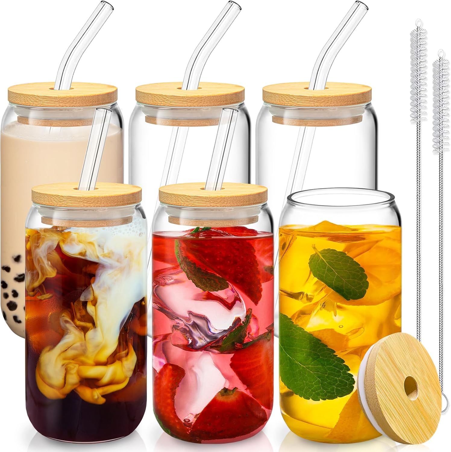 SENTVEND 16 Oz Drinking Glasses with Bamboo Lids and Glass Straw – 6 Pcs Glass Cups Beer Ice Coffee Glasses Cute Aesthetic Cup Great for Coffee Bar Accessories Include 2 Cleaning Brushes
